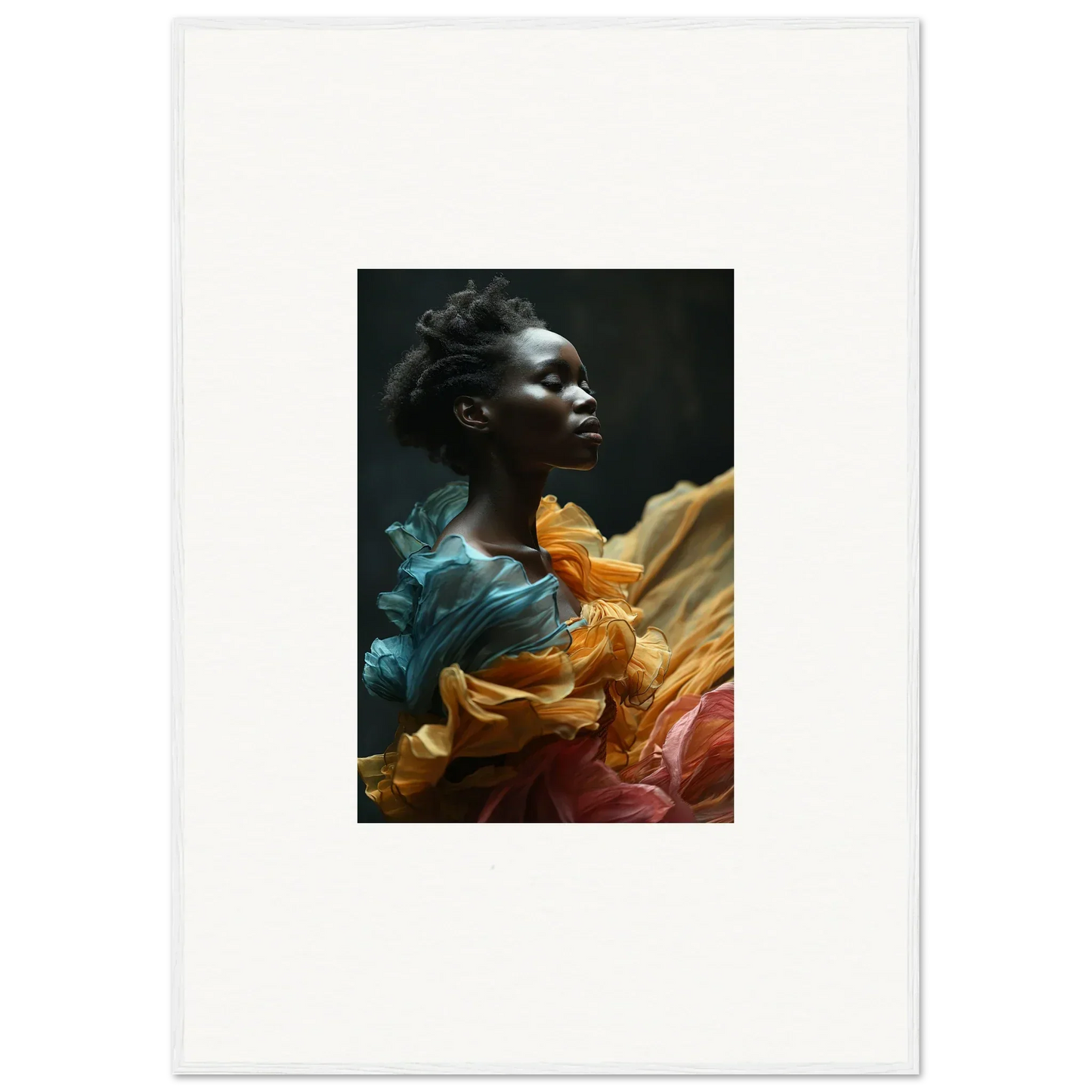 Portrait of a person surrounded by swirling, colorful fabric in teal, orange, and pink hues.