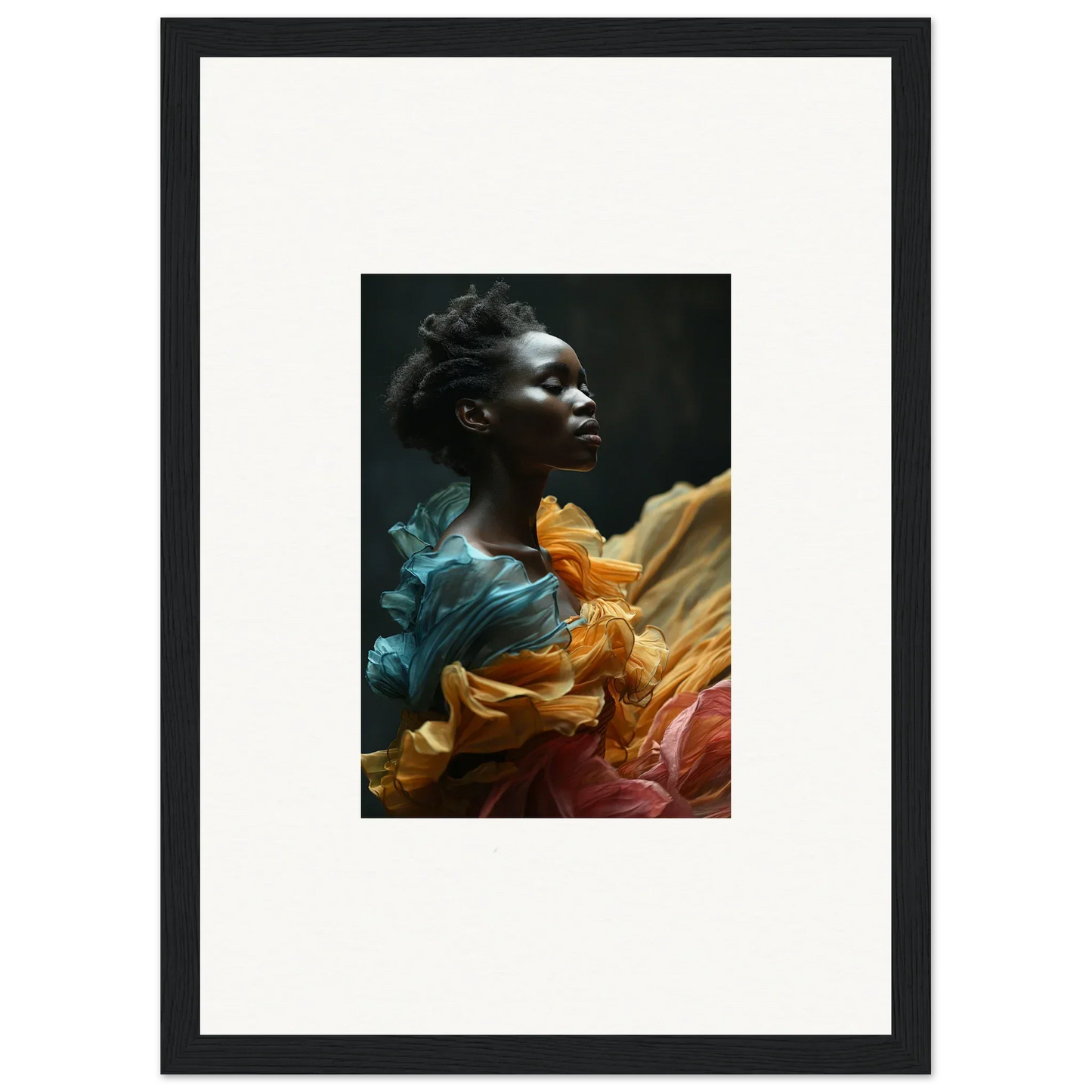 Portrait of a person surrounded by swirling, colorful fabric in teal, orange, and pink hues.