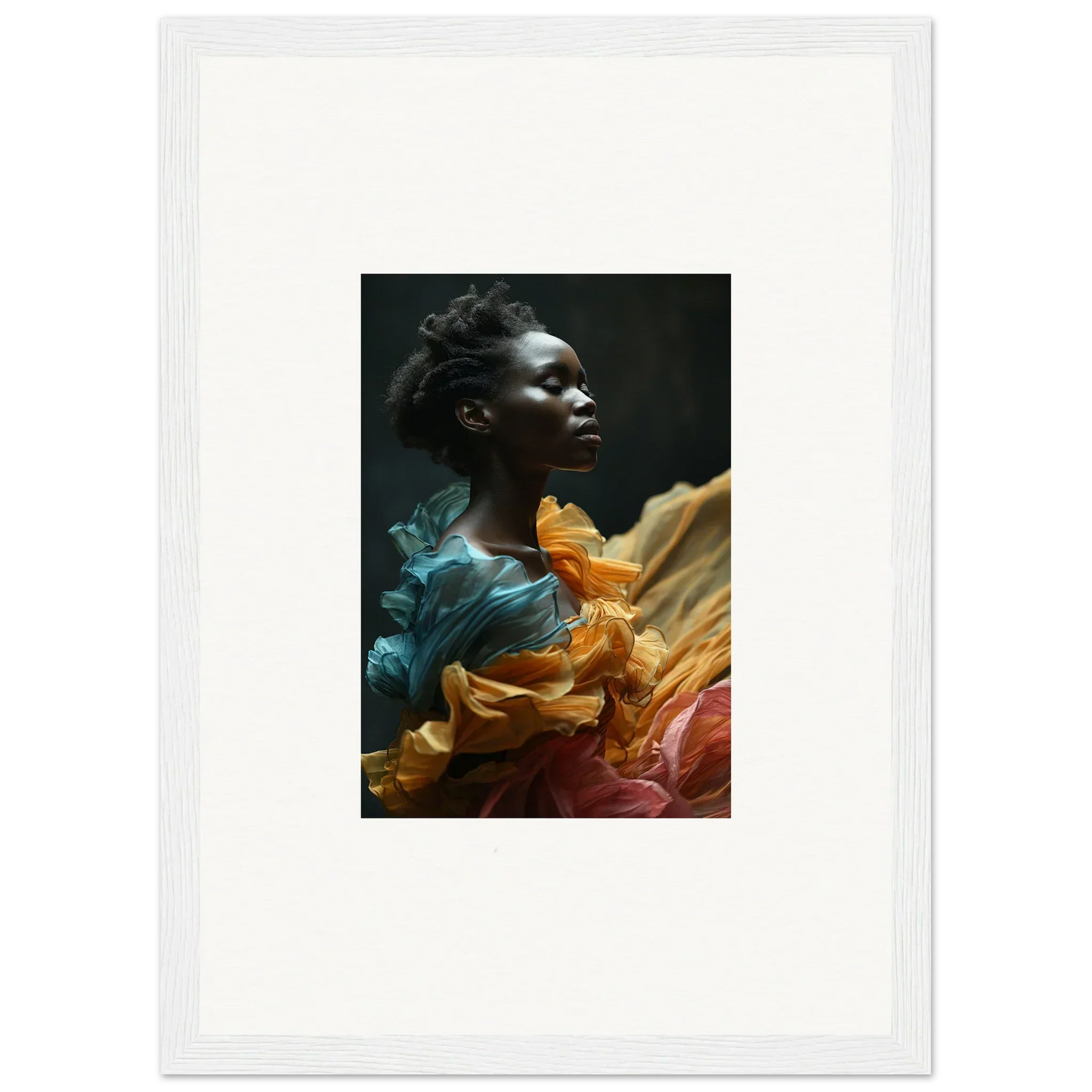Portrait of a person surrounded by swirling, colorful fabric in teal, orange, and burgundy tones.