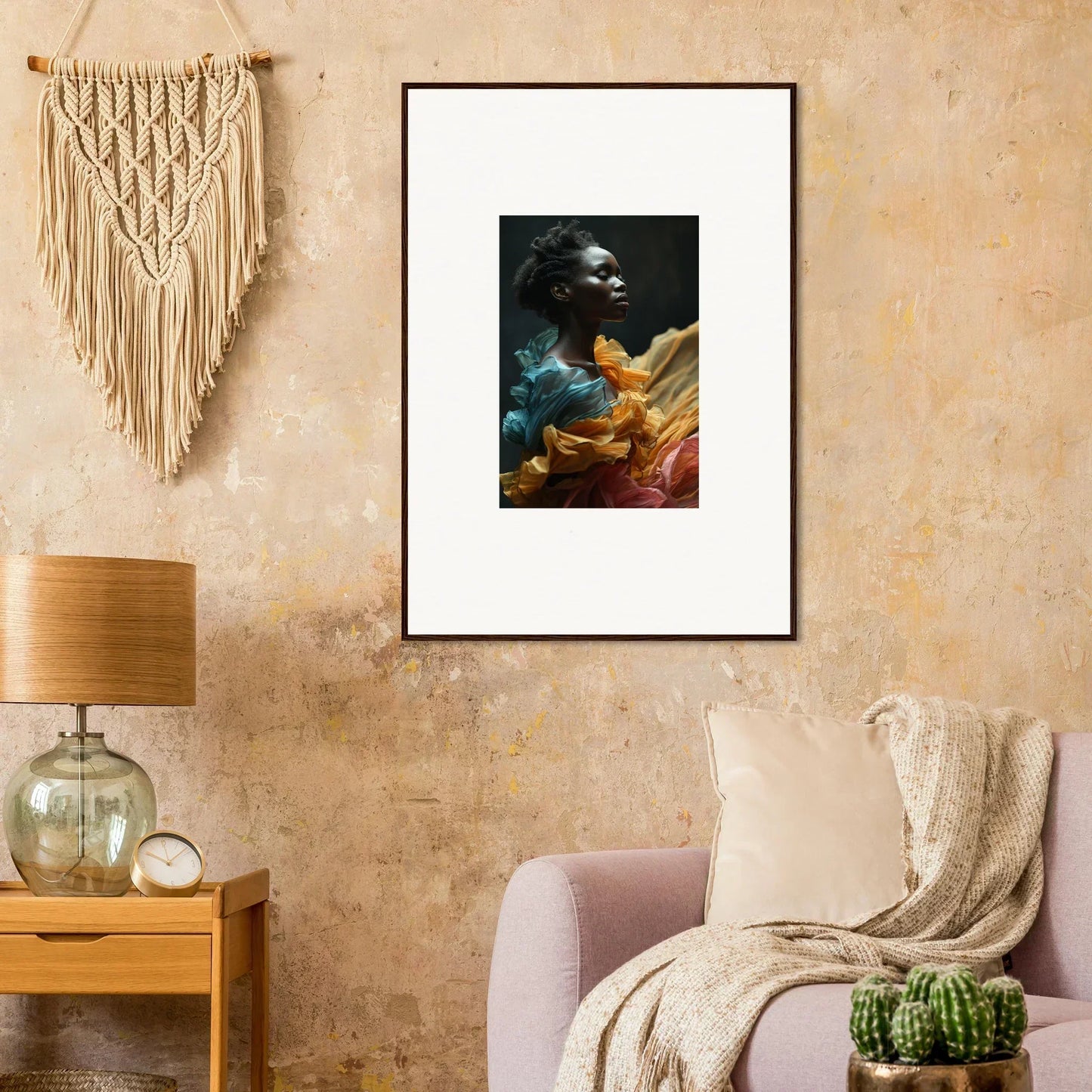 Framed artistic portrait featuring a person with vibrant colors and abstract elements.