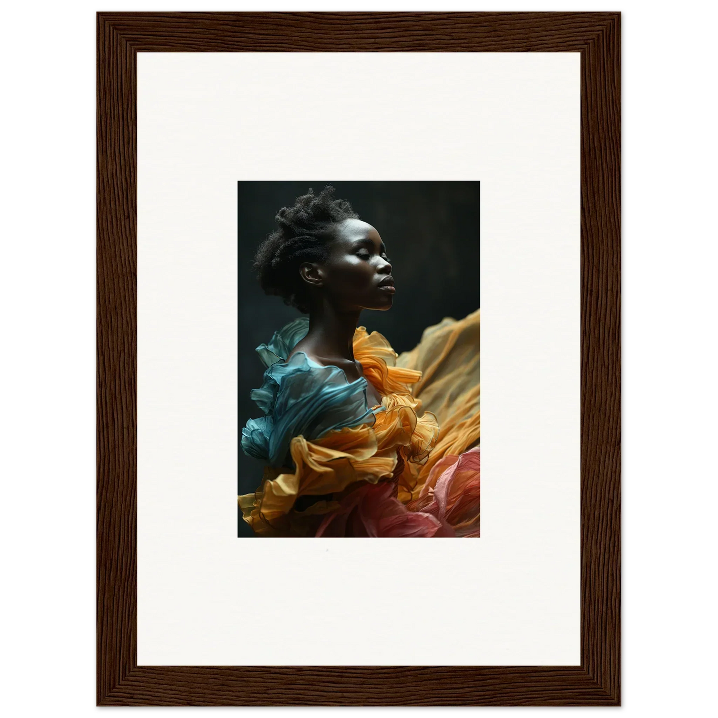 Framed portrait photograph of a person surrounded by swirling, colorful fabric.