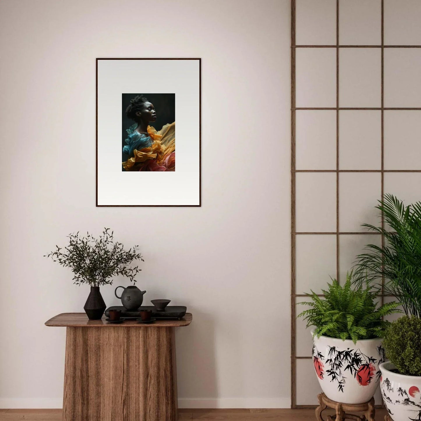 Framed abstract artwork featuring swirling colors against a dark background.
