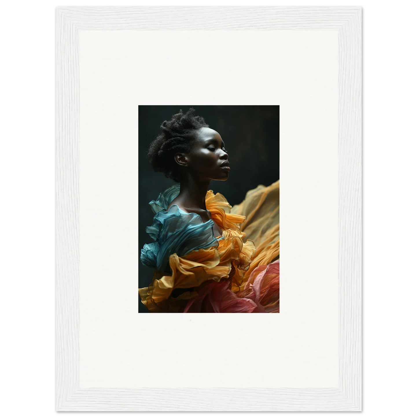 Portrait of a person with dark skin surrounded by swirling, colorful fabric in teal, orange, and burgundy tones.