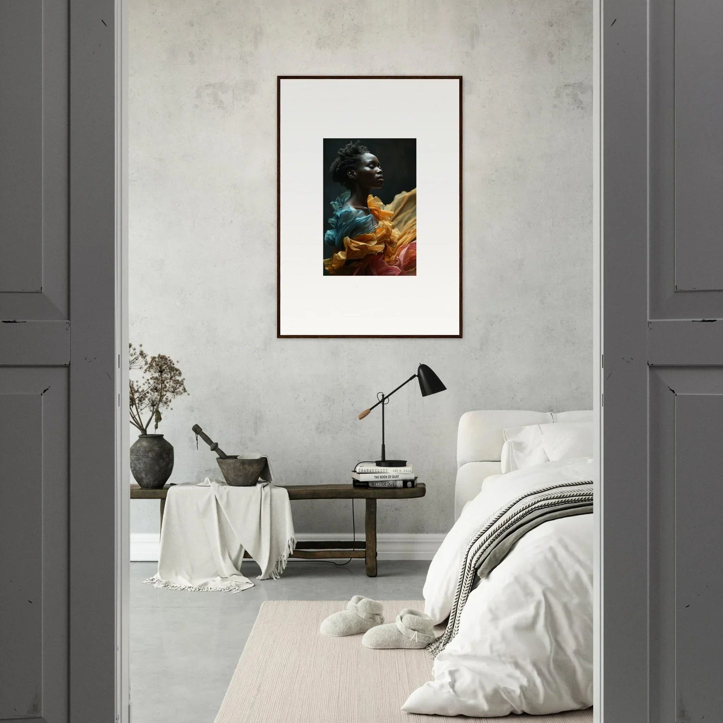 Framed abstract artwork featuring dark and colorful elements hanging on a light-colored wall.