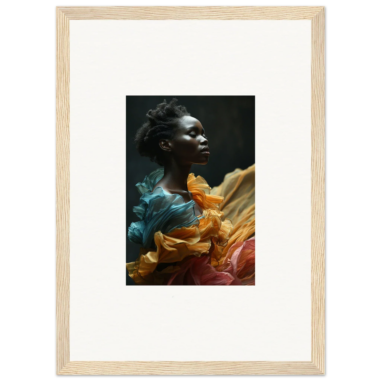 Framed portrait of a person surrounded by vibrant, flowing fabric in teal, orange, and burgundy hues.