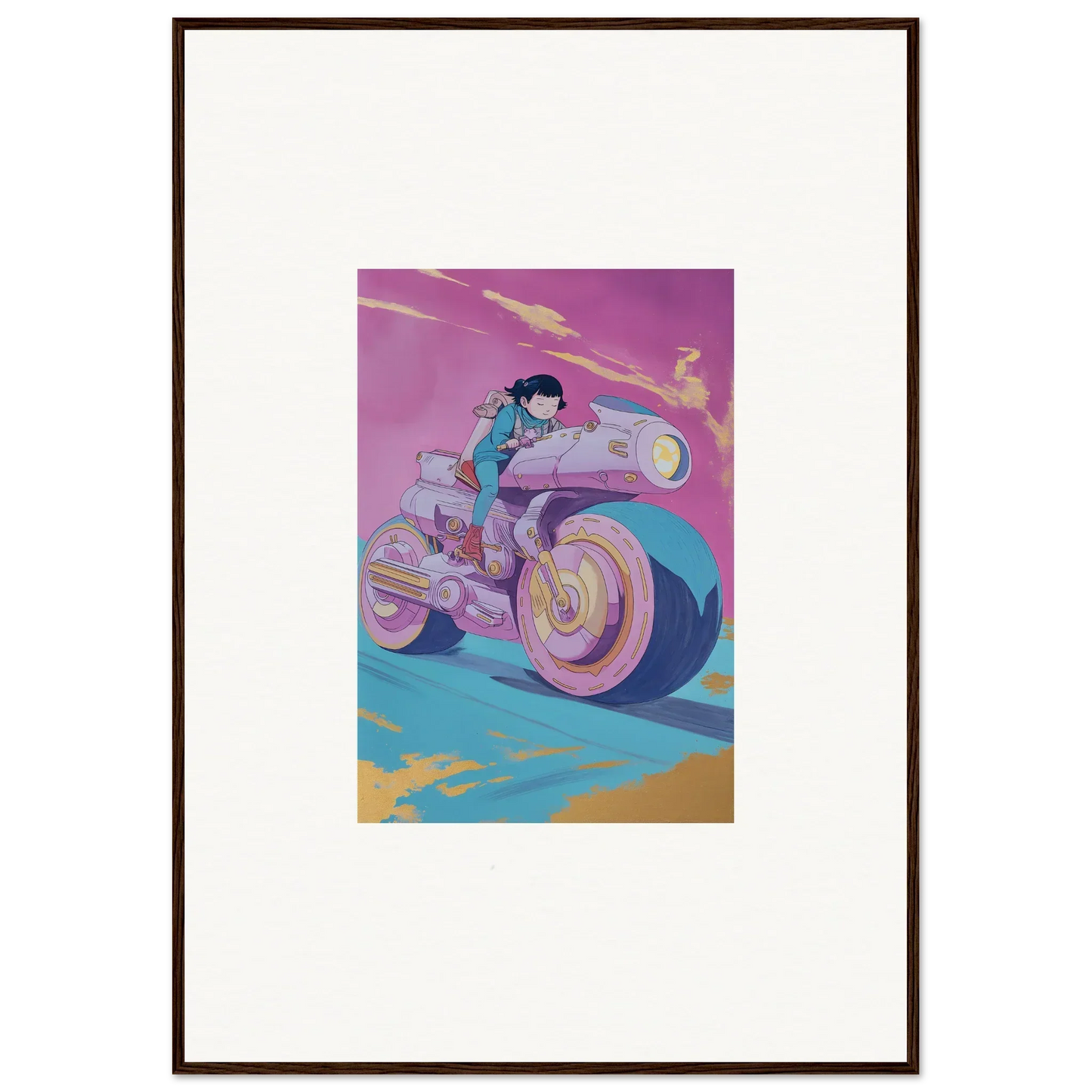 Stylized illustration of a person on a futuristic motorcycle for Chican Derby room decor