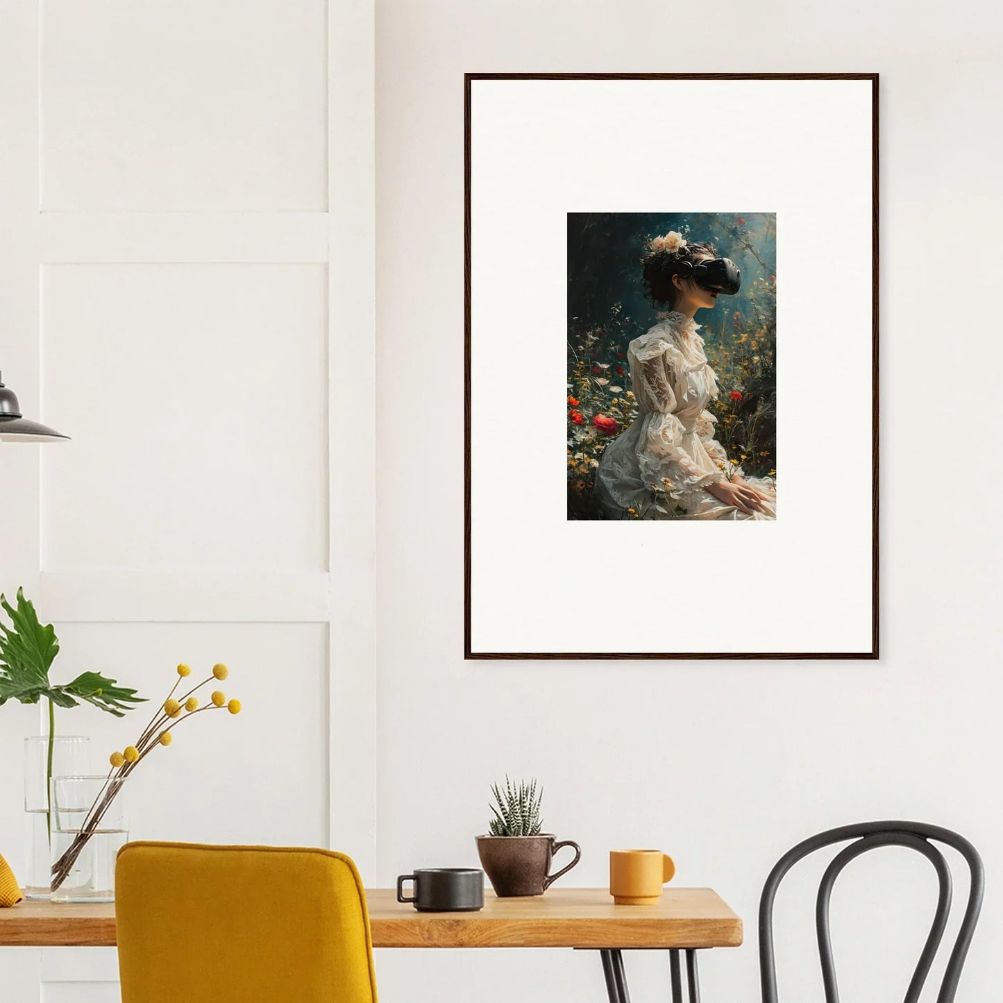 Framed canvas print of a woman in a white dress among blossoms reverie for room decoration