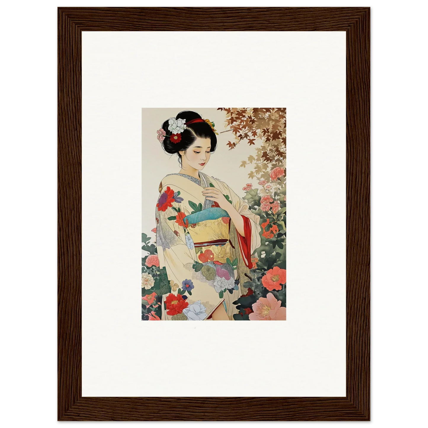 Framed wall art of a geisha in a floral kimono from Virtuous Floral Serenade