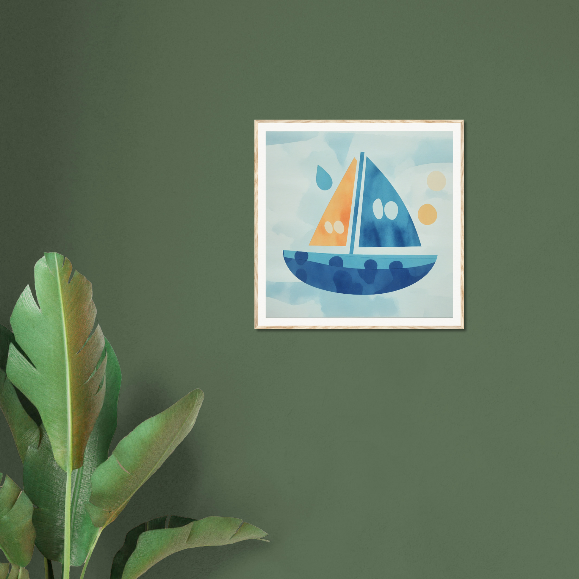 Framed artwork of a blue and orange sailboat from Vital Vibrant Pathfinder collection