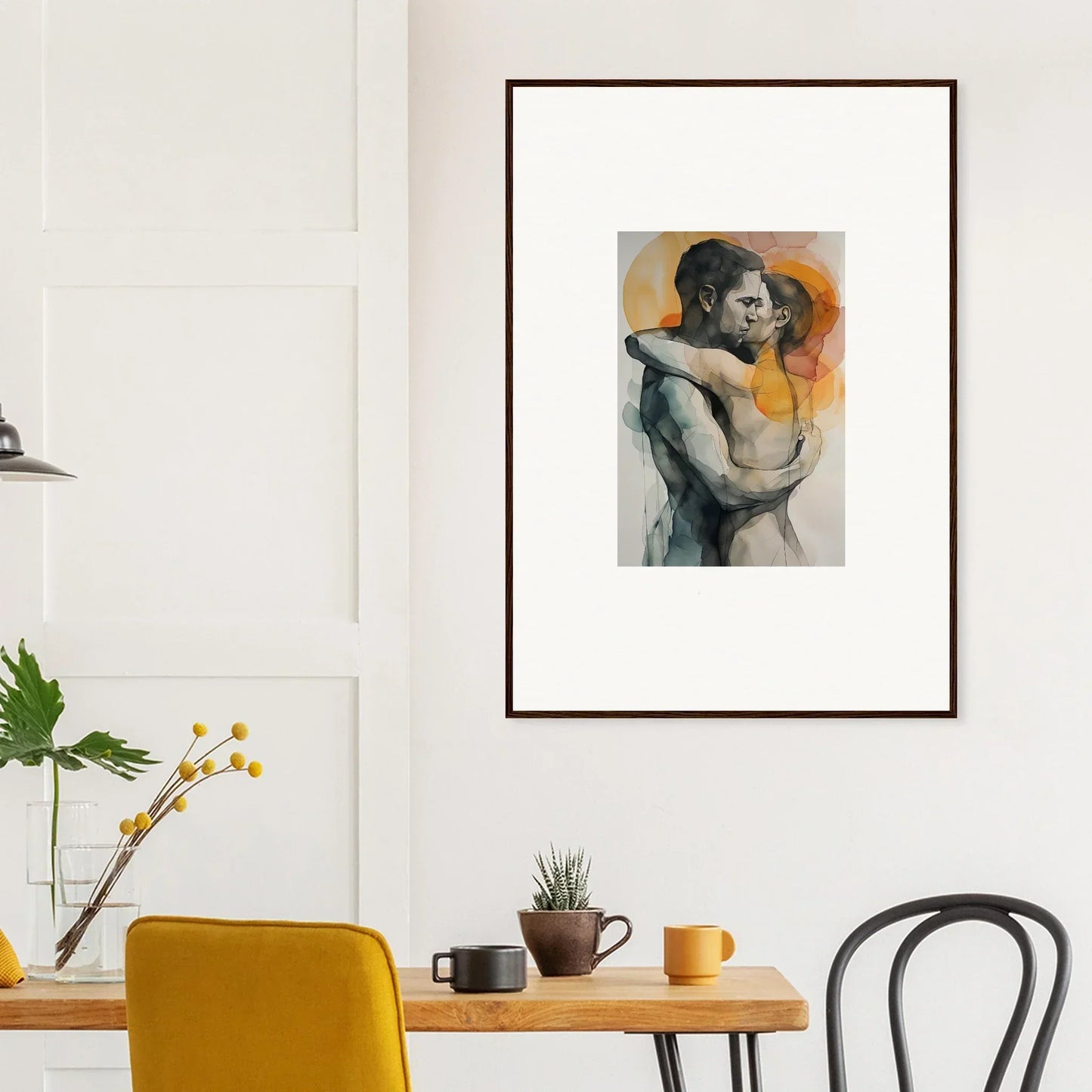 Framed wall art of an embracing couple, vibrant background for morning dichotomy room decor