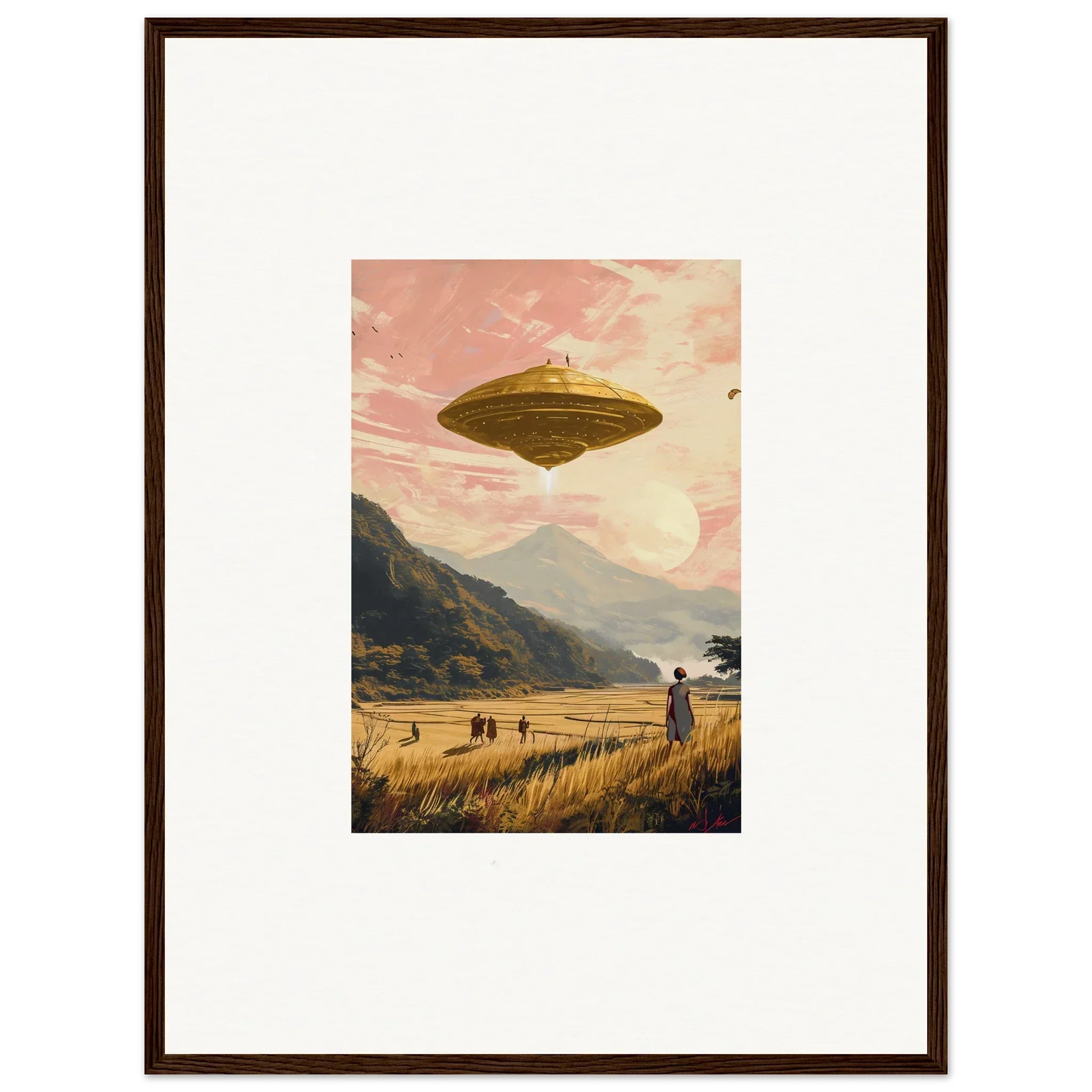 UFO hovering in a pink sky, perfect for a Wheat Field Rapture canvas print room decoration