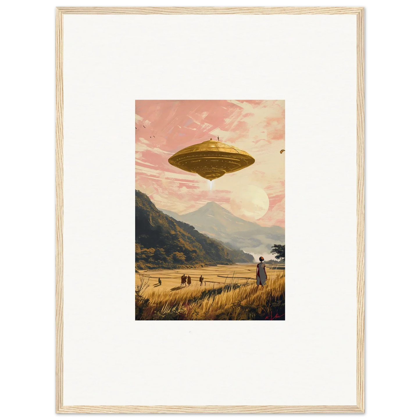 UFO hovering in a dreamy pink sky, perfect for a Wheat Field Rapture canvas print