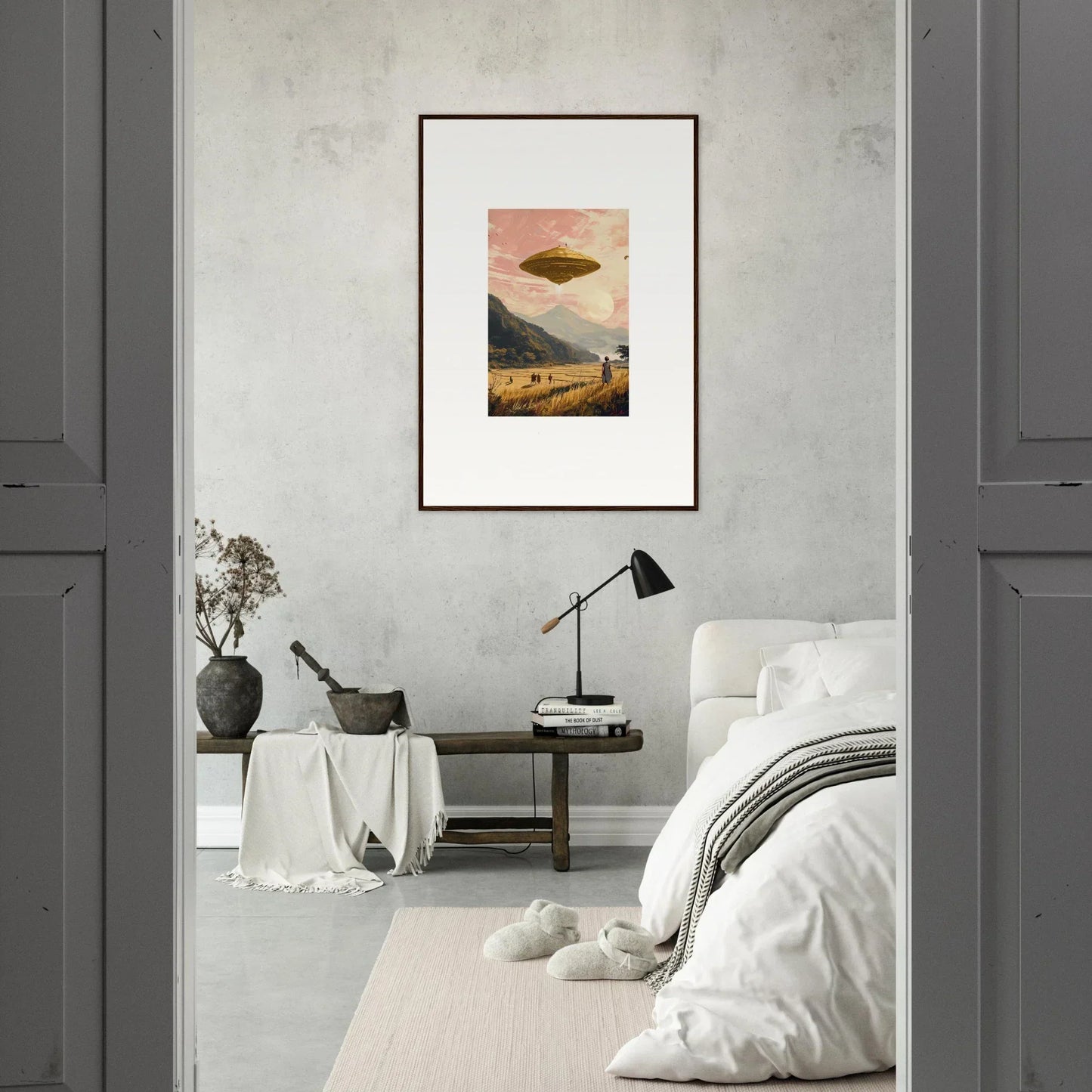 Framed canvas print of a UFO above mountains, perfect for field rapture room decoration