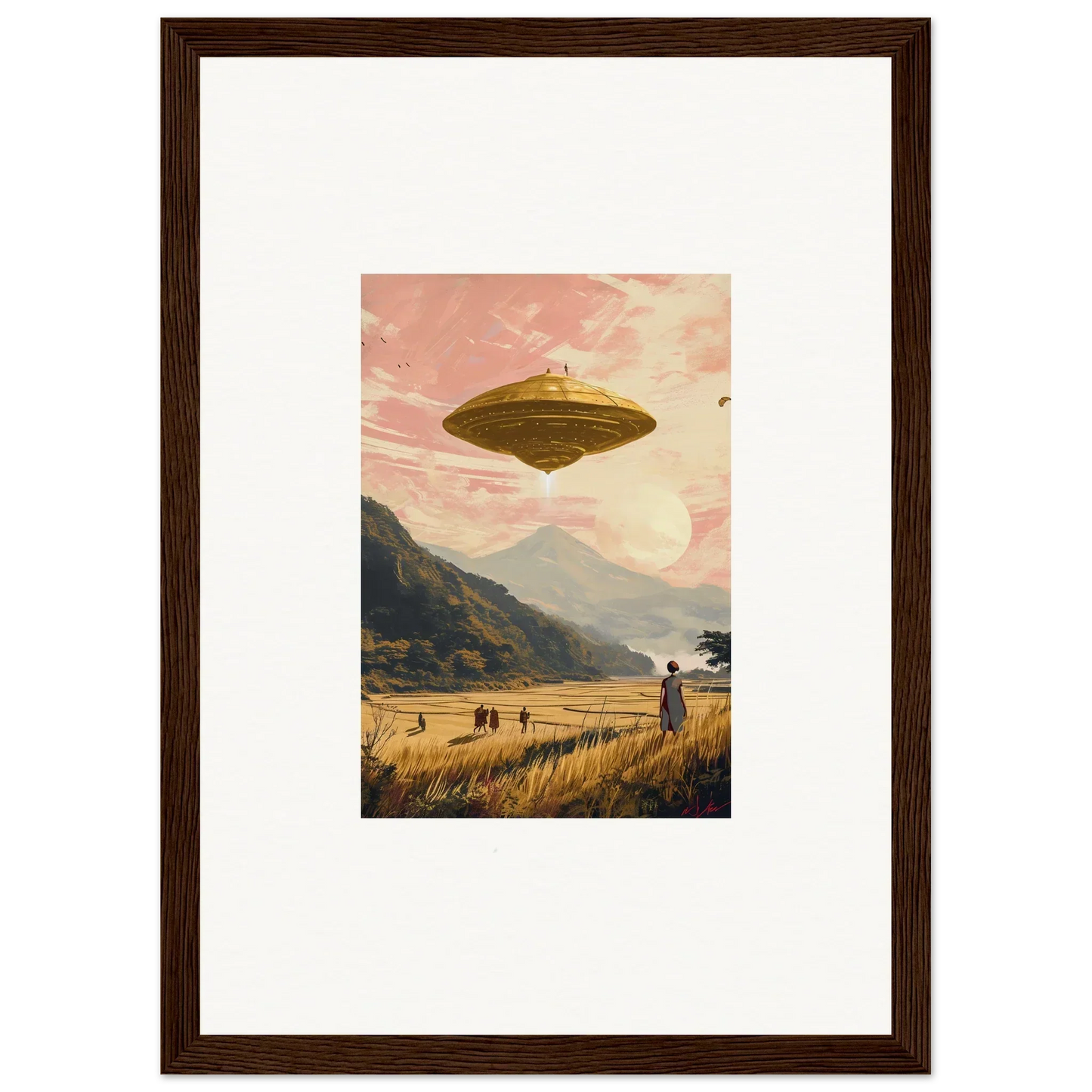 UFO hovering in a pink sky, perfect for Wheat Field Rapture room decoration canvas print