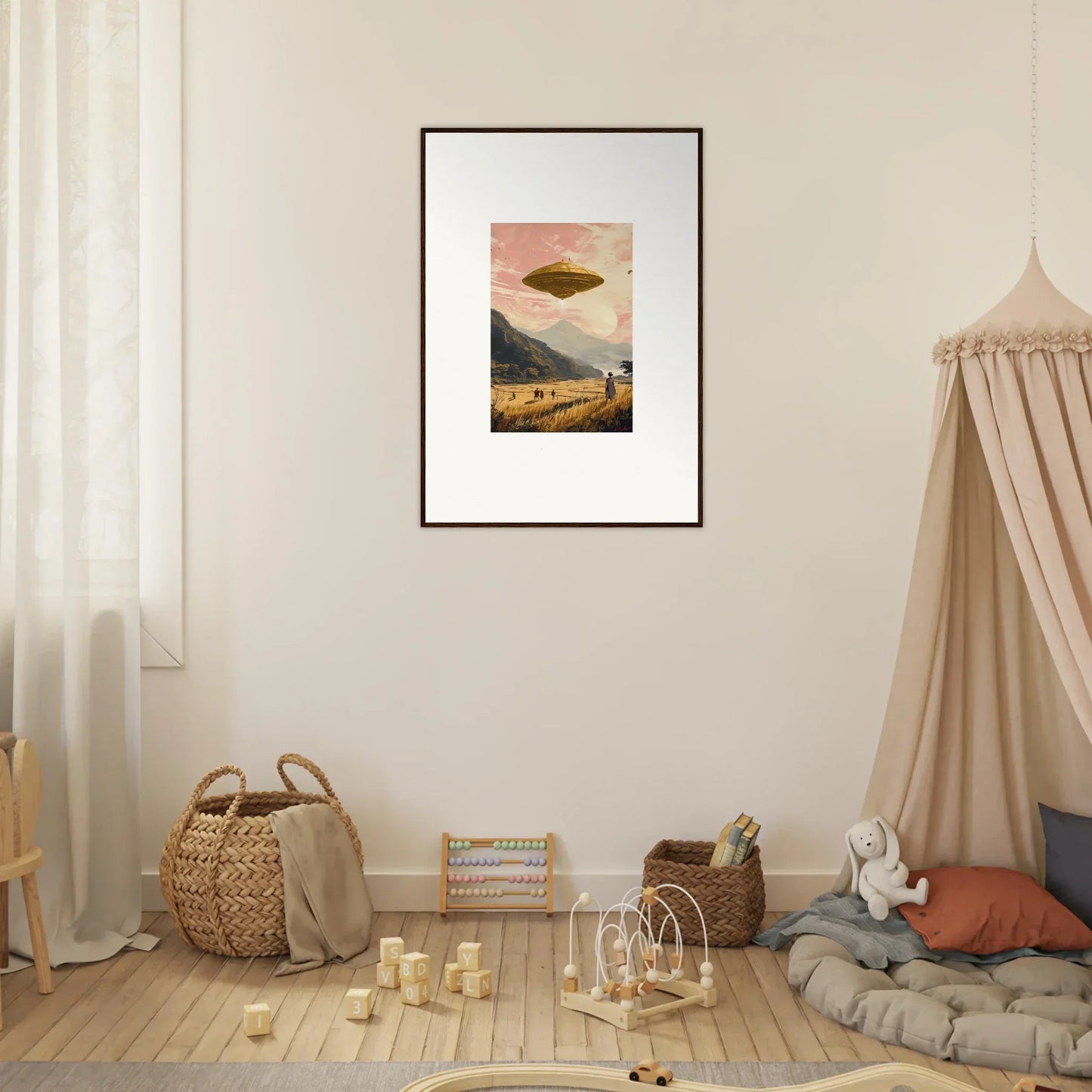 Framed canvas print of a UFO over a desert, perfect for out-of-this-world room decoration