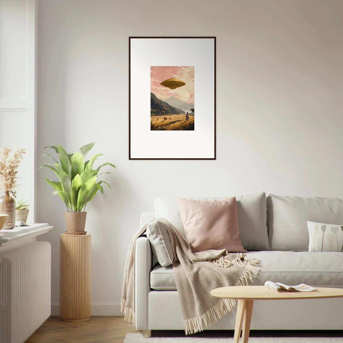 Framed canvas print of a UFO over mountains, perfect for unique room decoration