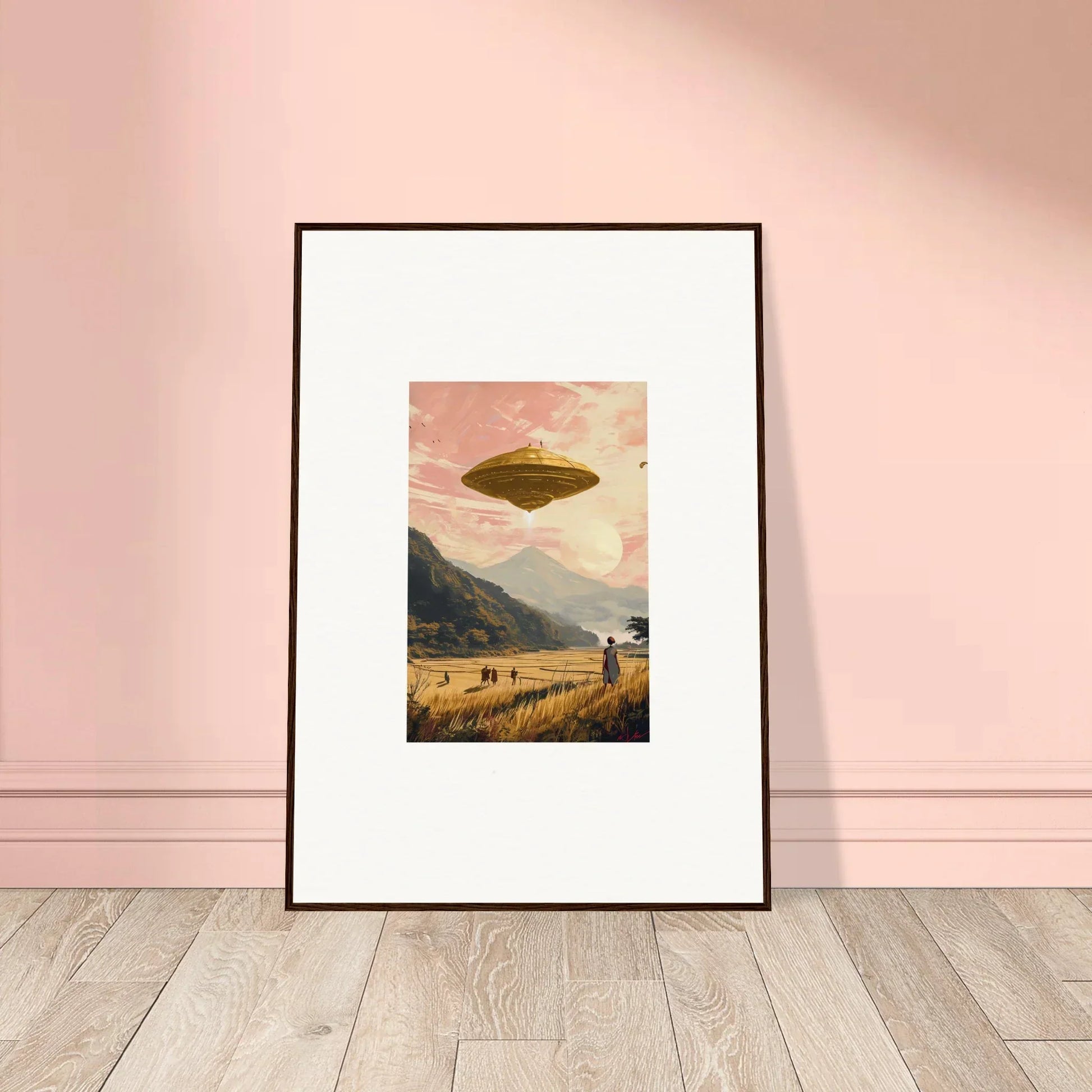 Framed canvas print of a UFO over a wheat field for cool room decoration