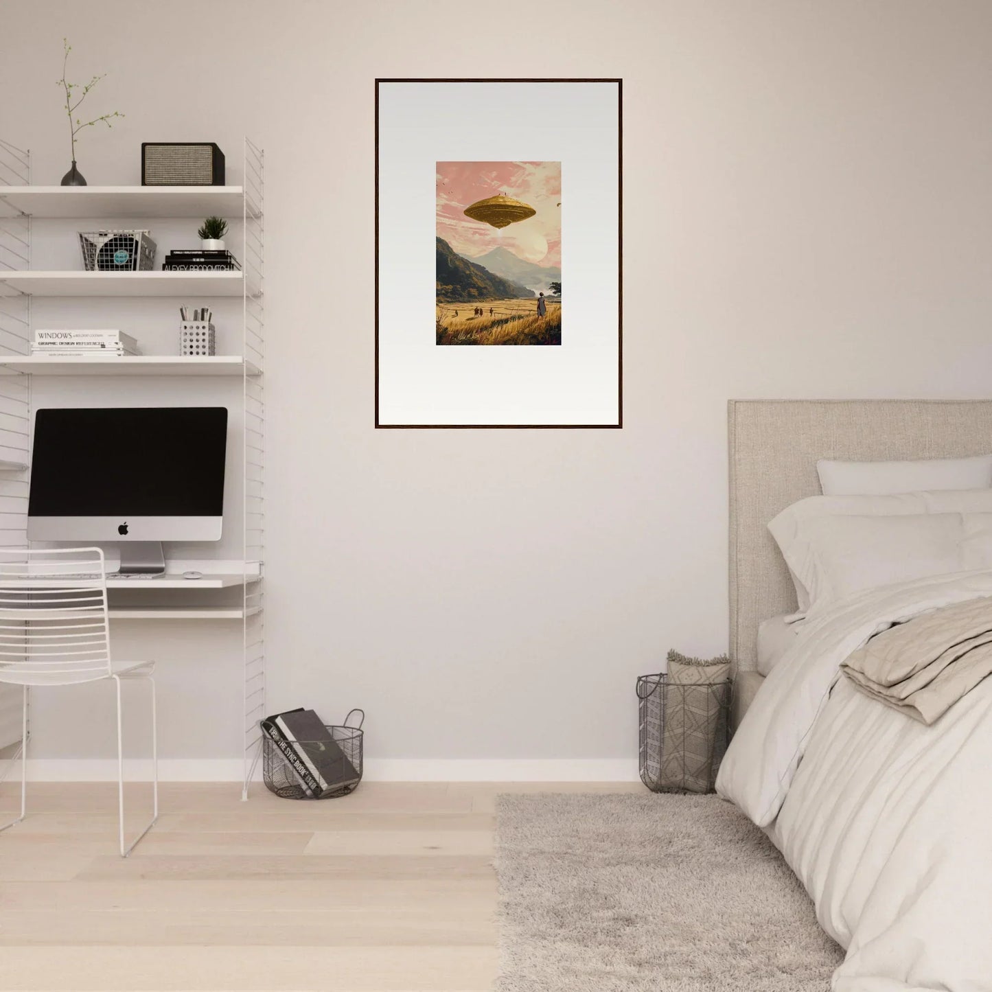 Framed canvas print of a UFO over a desert for unique room decoration and field rapture