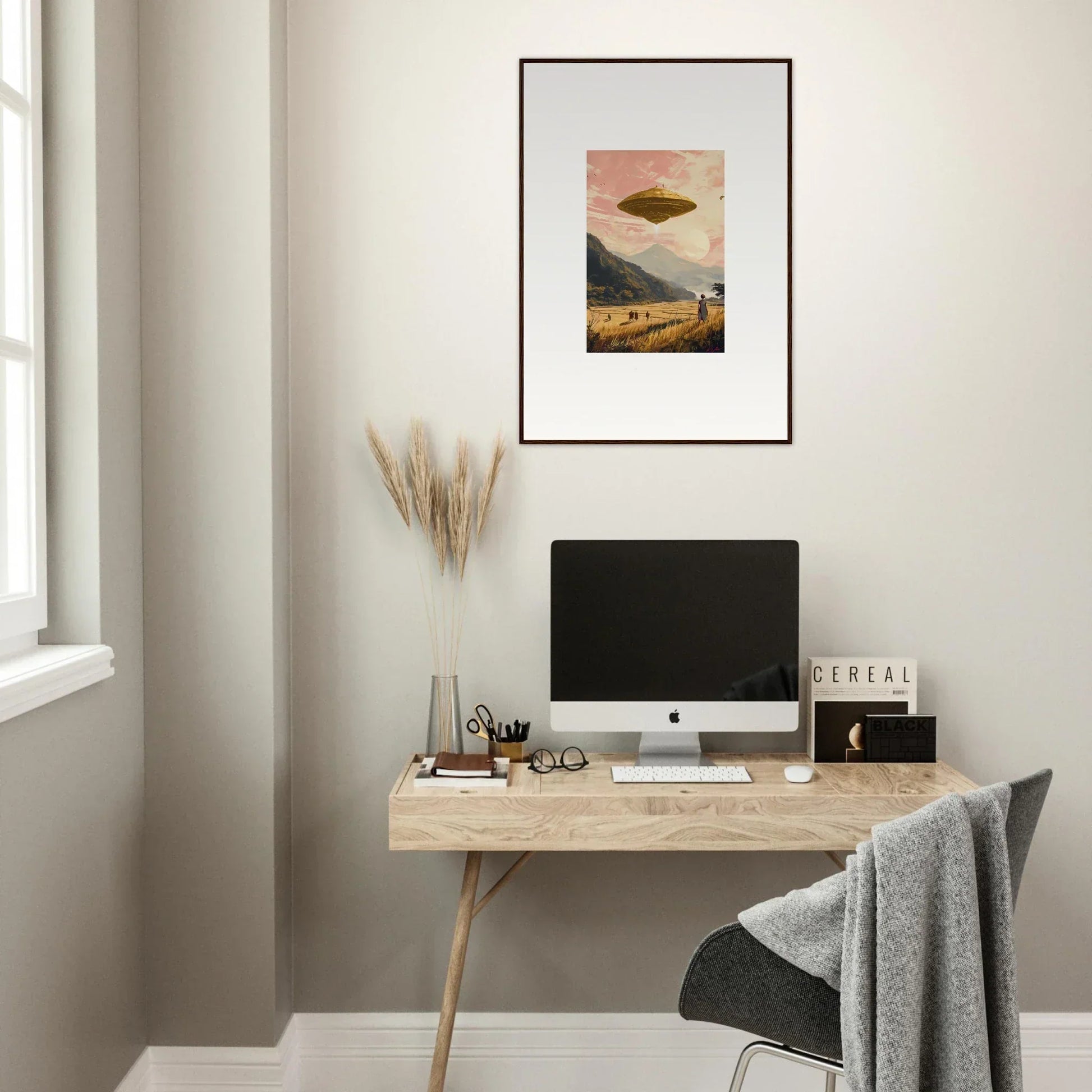 Framed canvas print of UFO over mountains for unique room decoration, Field Rapture style