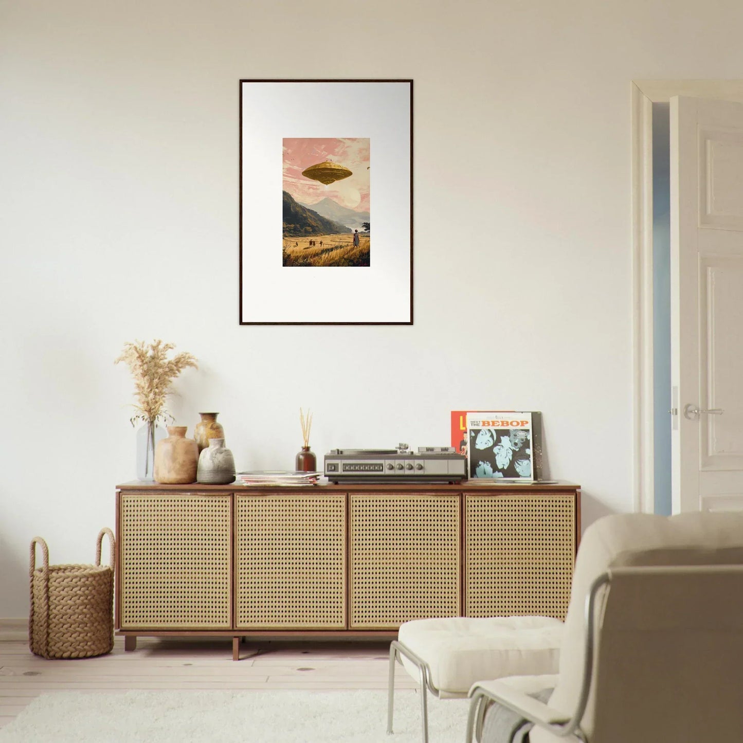Wooden sideboard with cane doors, perfect for Room Decoration and Wheat Field Rapture vibes