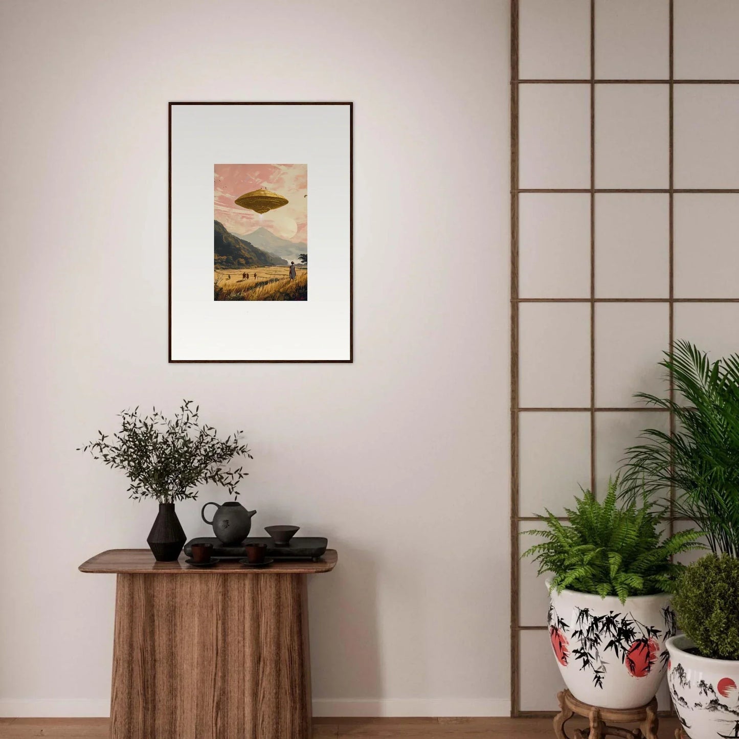 Framed canvas print of a UFO over a desert, perfect for unique room decoration