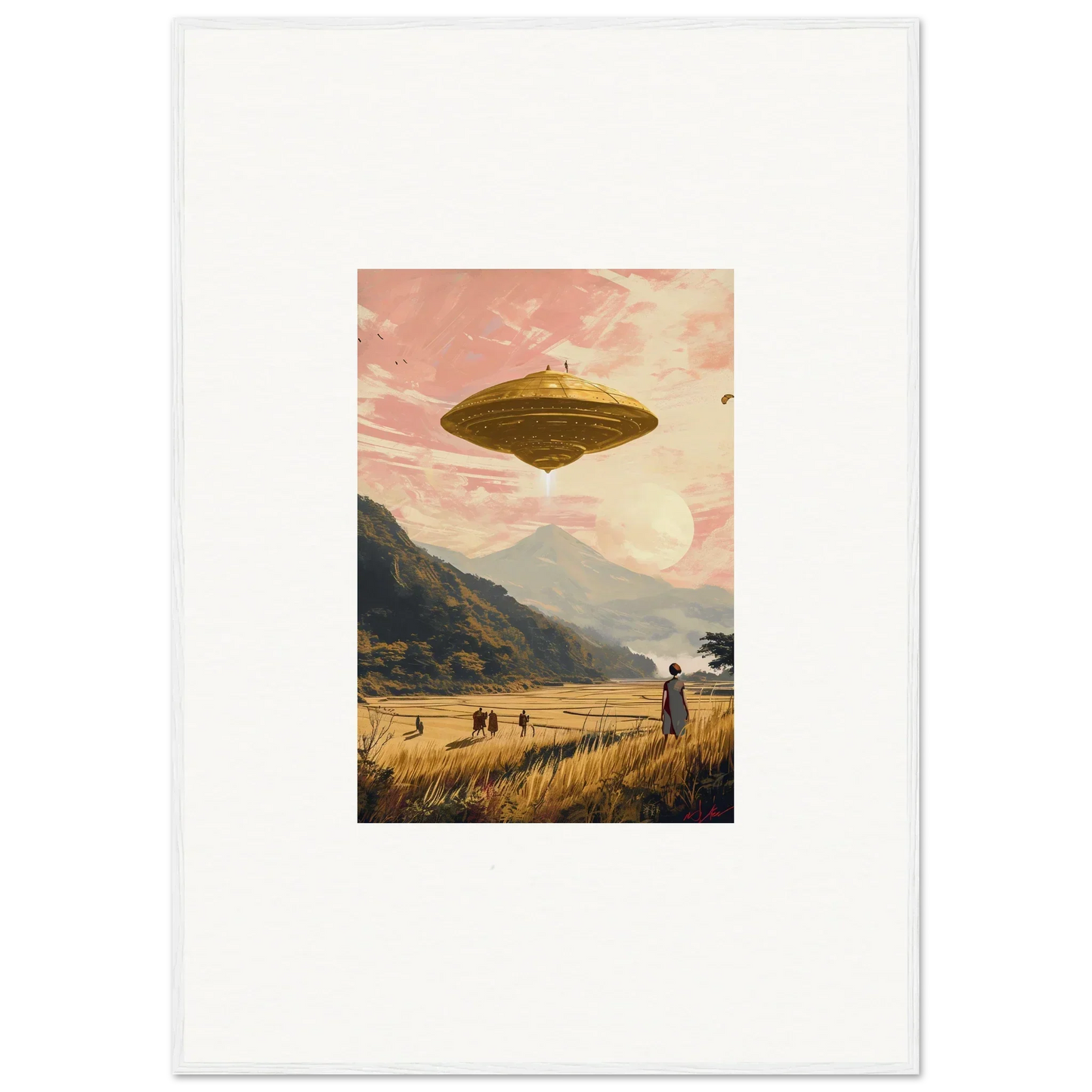Flying saucer hovering in a golden sky for a cool Wheat Field Rapture canvas print