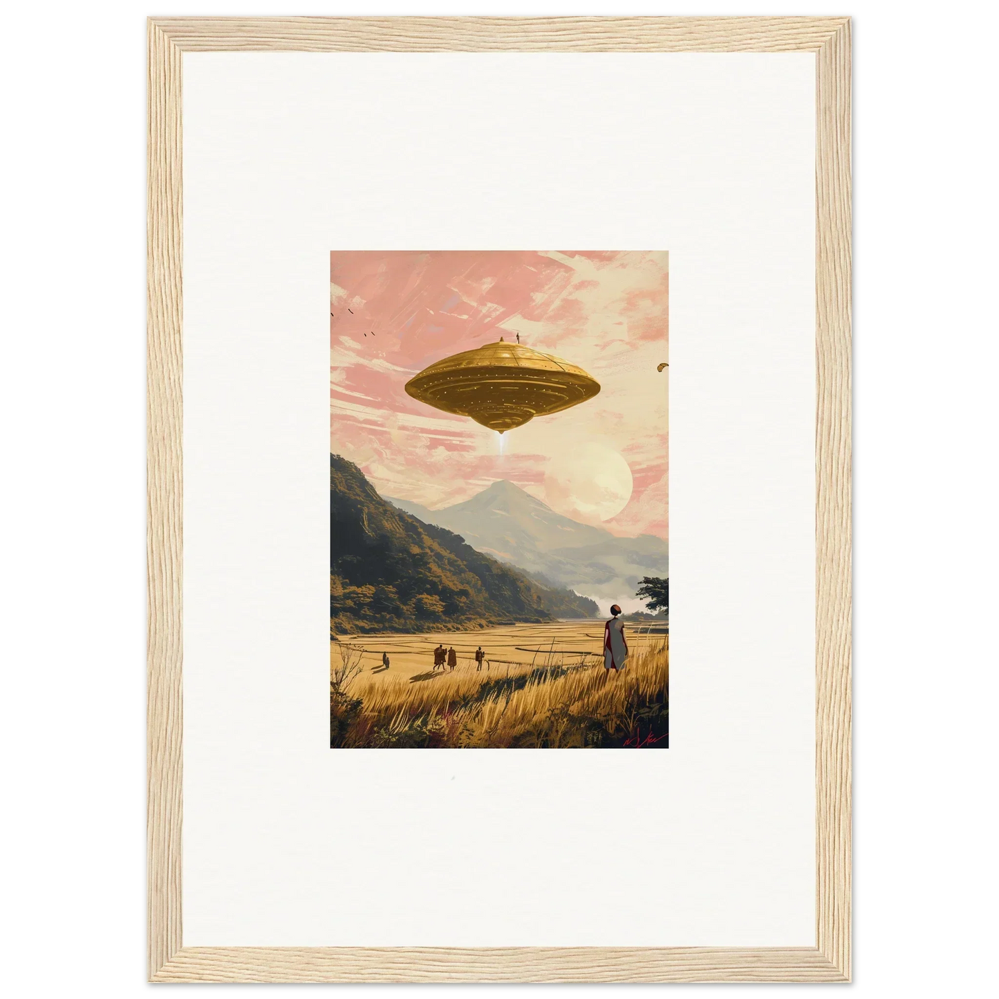 UFO hovers in a pink sky over a rural landscape, perfect for field rapture canvas print