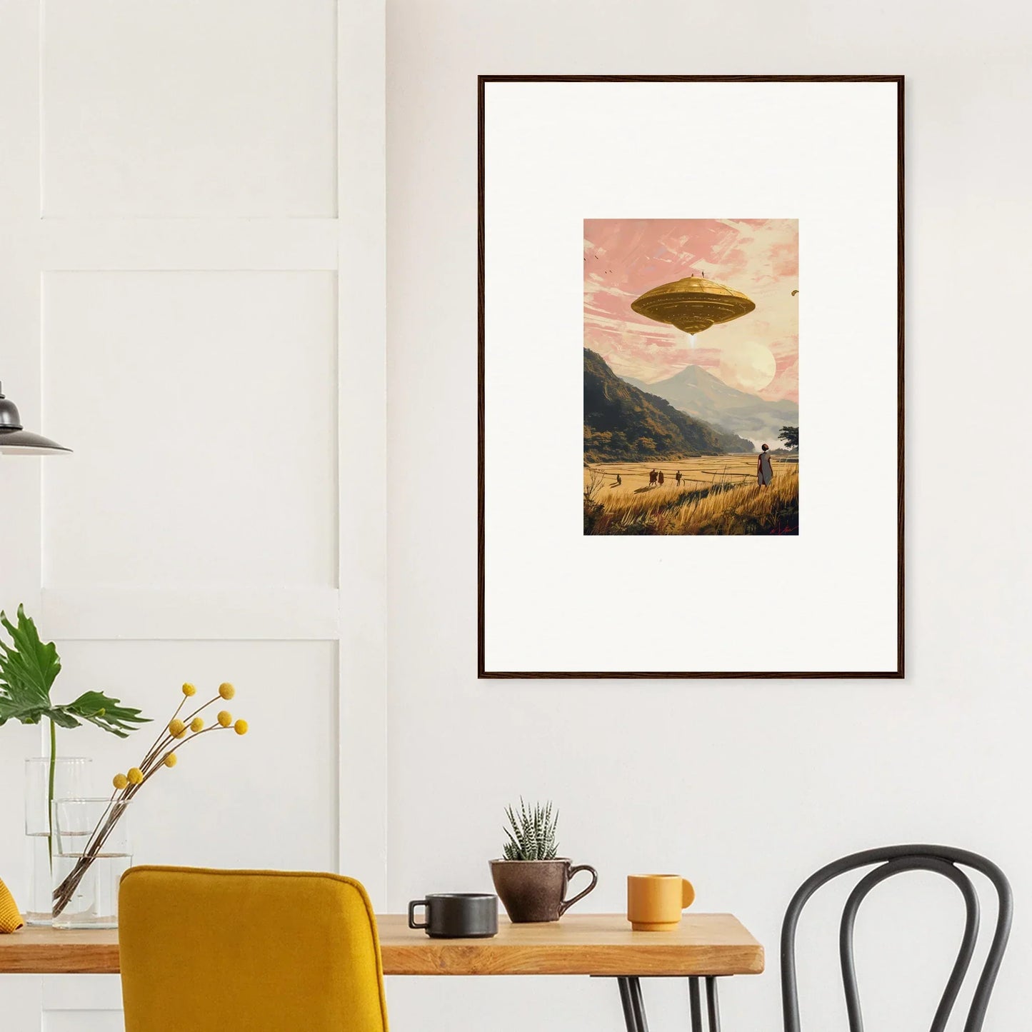 Framed canvas print of a UFO over a rural sunset for a unique room decoration
