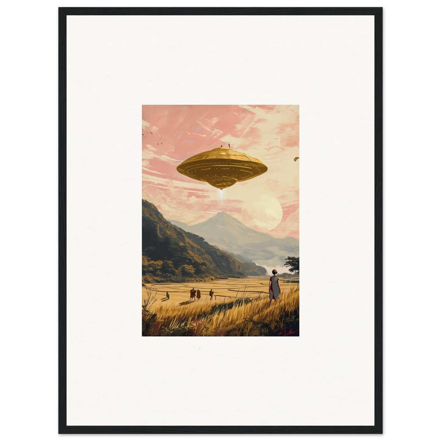 UFO hovering in sky, perfect for Wheat Field Rapture canvas print room decoration
