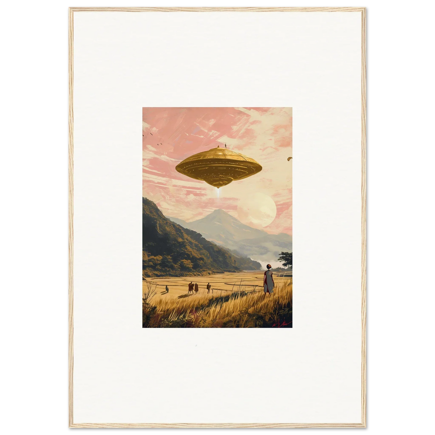 Flying saucer above a pink sky, perfect for Wheat Field Rapture canvas print decor
