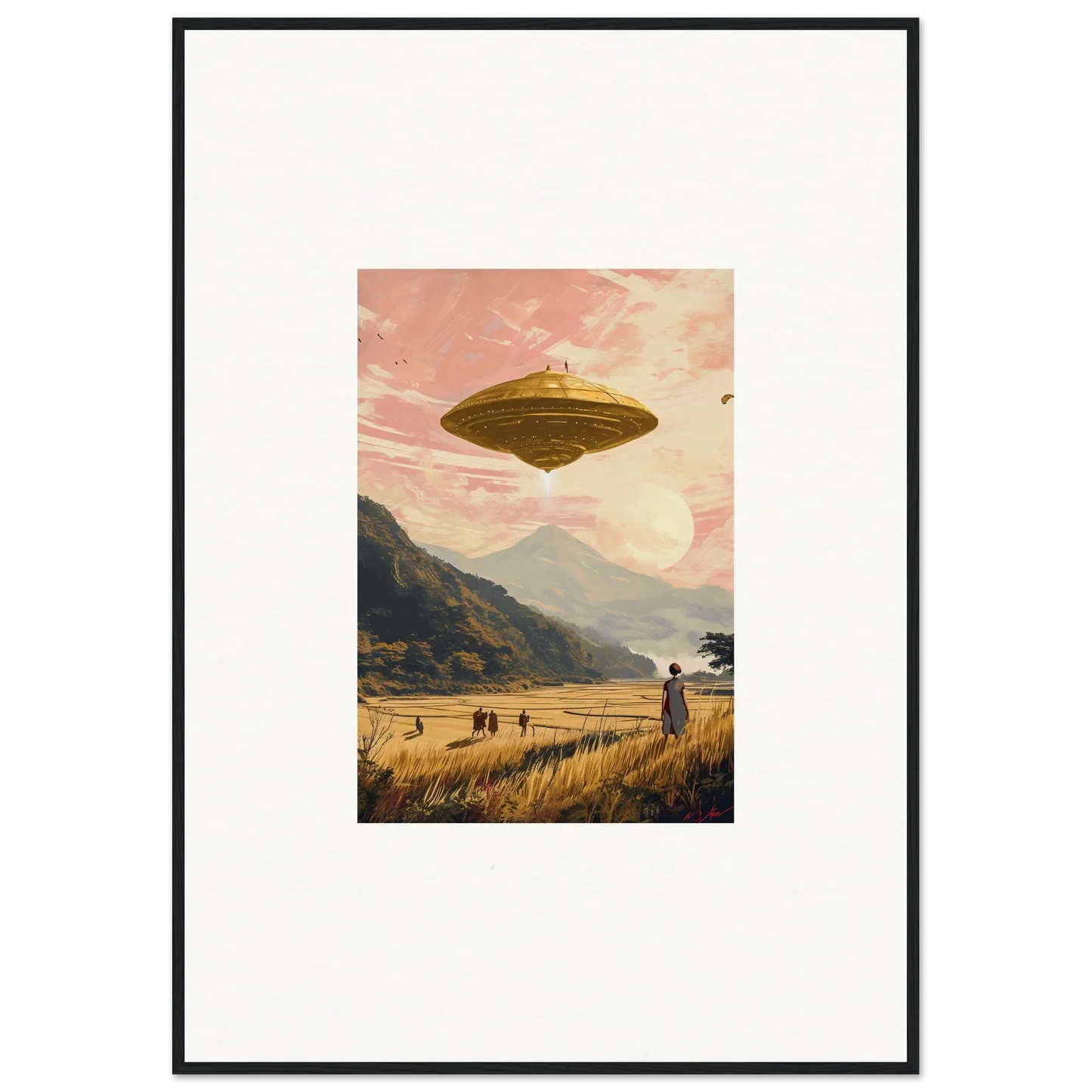 Flying saucer over a rural landscape, perfect for your Field Rapture canvas print decor