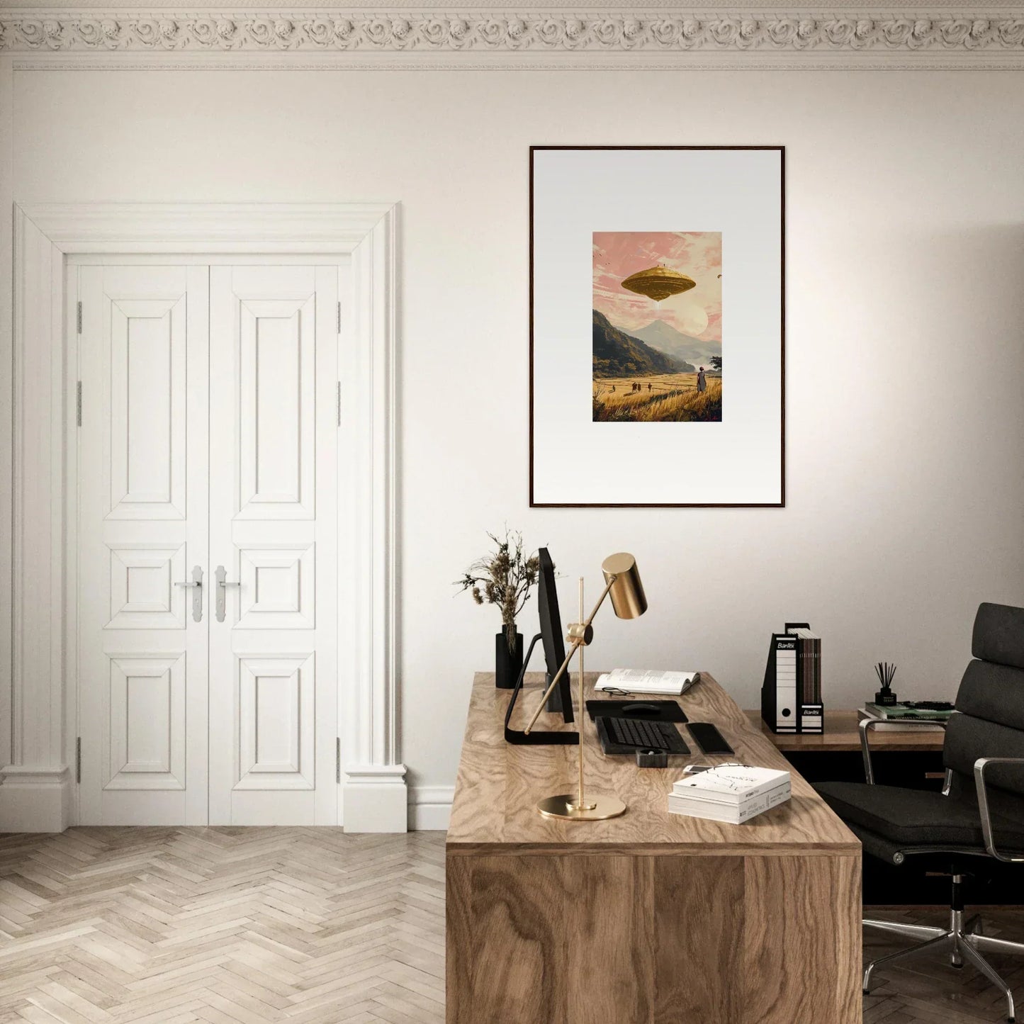 Wooden desk with a typewriter and books in a minimalist workspace for room decoration