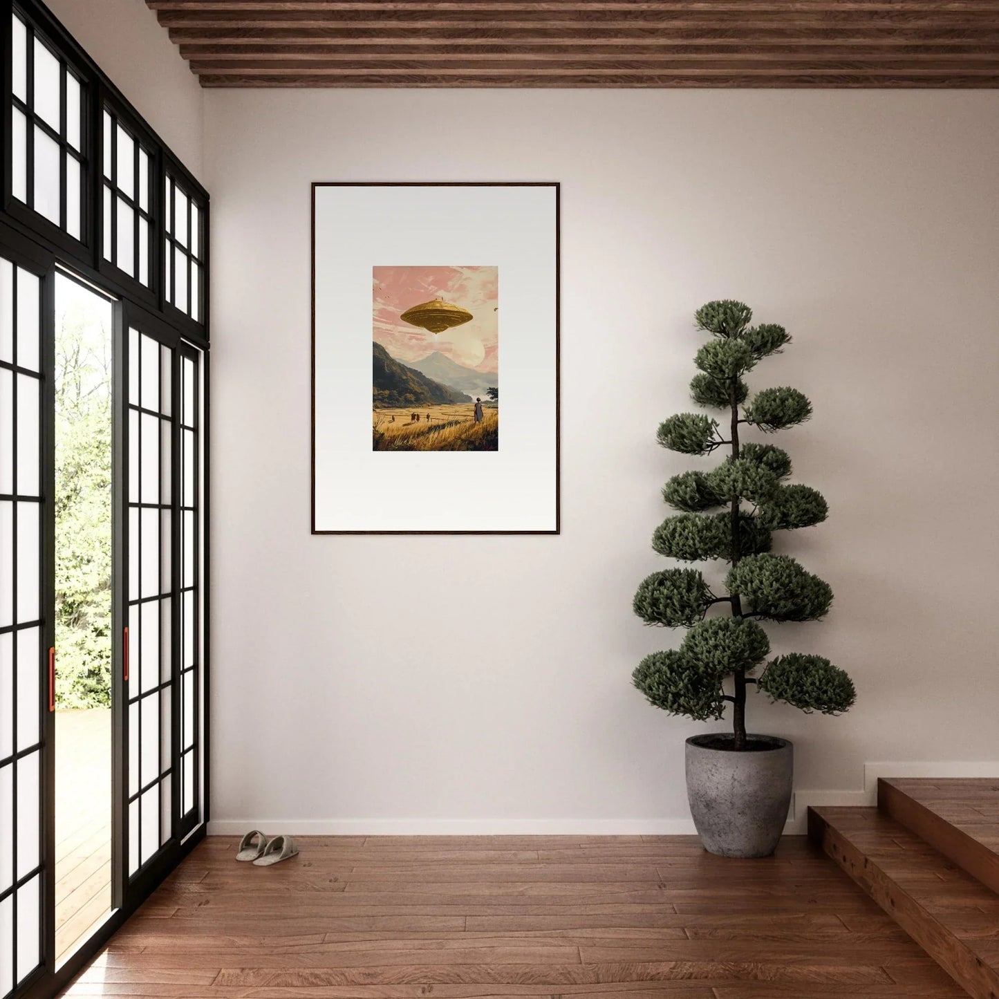 Framed canvas print of a UFO in a mountainous landscape for unique room decoration