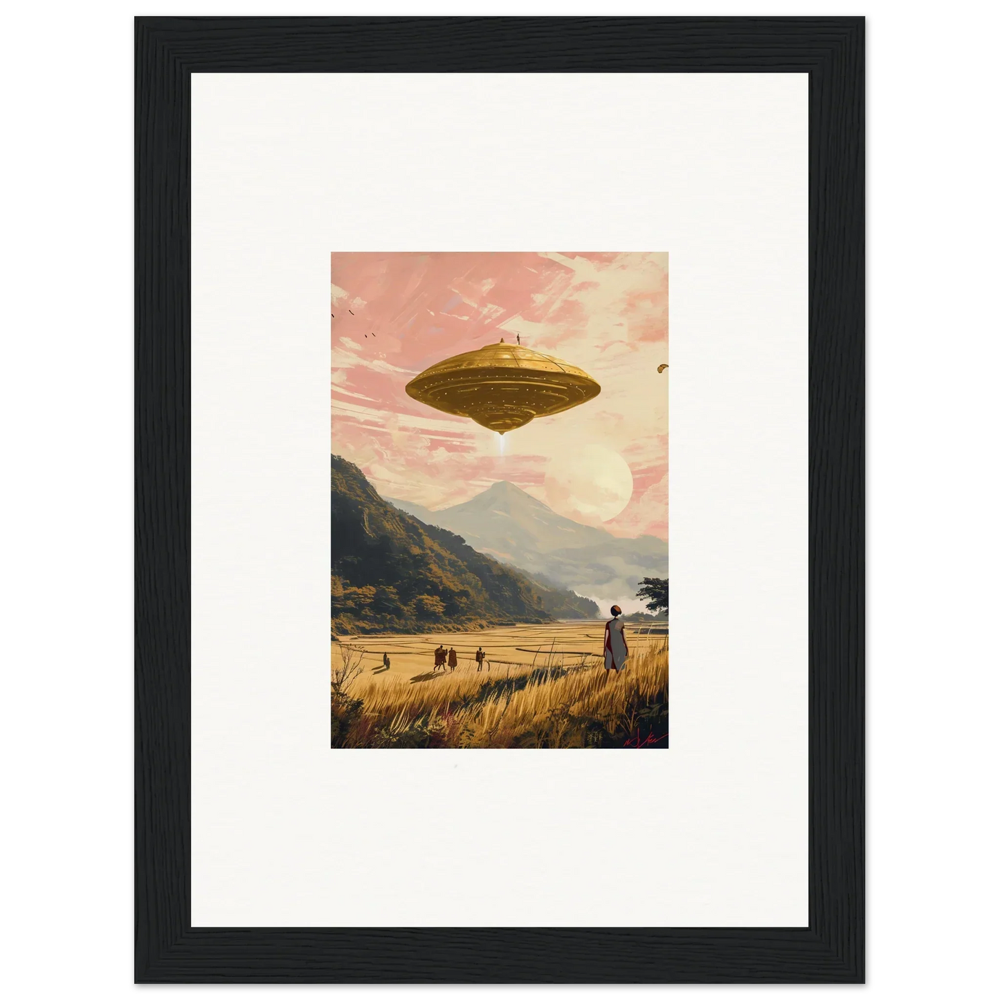 Flying saucer in a pink sky, perfect for Wheat Field Rapture canvas print room decoration