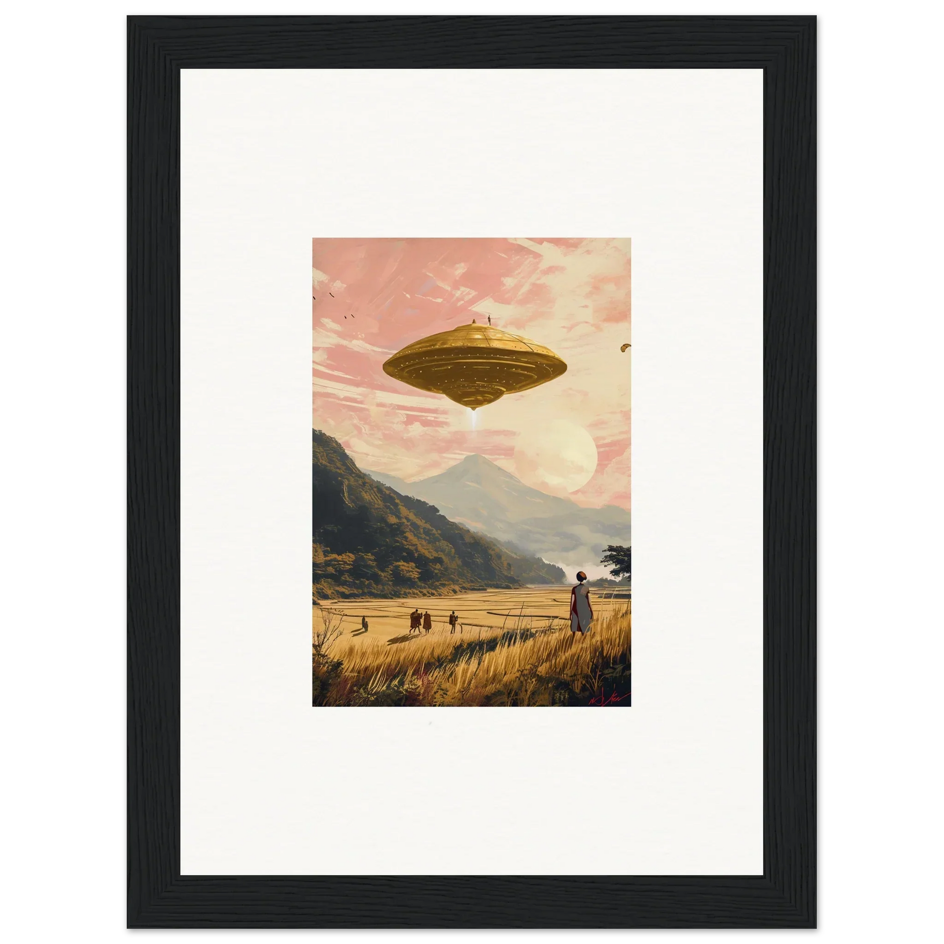 Flying saucer in a pink sky, perfect for Wheat Field Rapture canvas print room decoration
