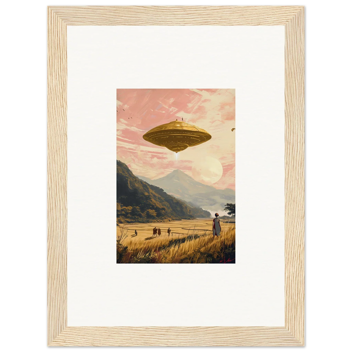 UFO hovering in a pink sky above a wheat field, perfect for room decoration canvas print