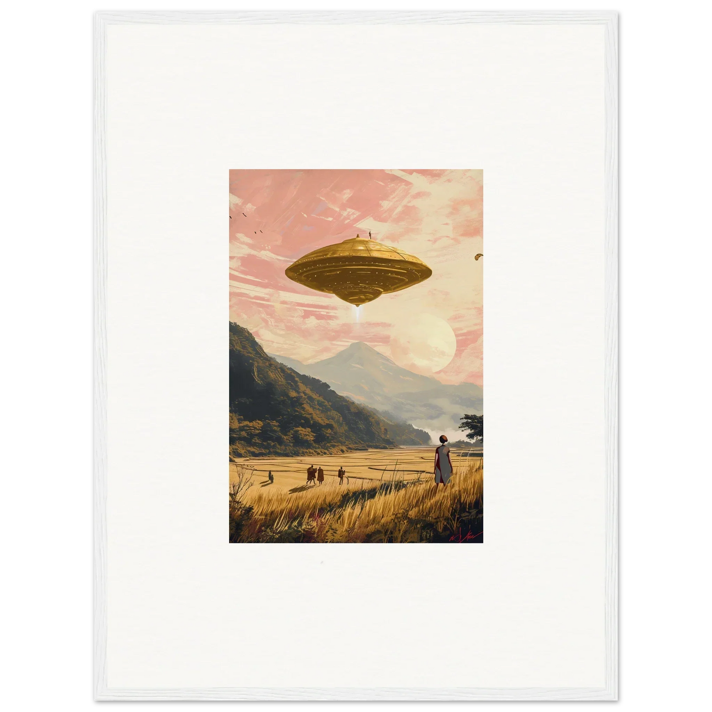 Flying saucer-shaped UFO hovering over wheat field, perfect for room decoration canvas print