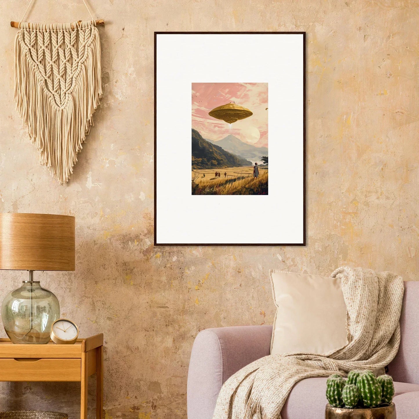 Framed canvas print of a UFO over a wheat field rapture for cool room decoration