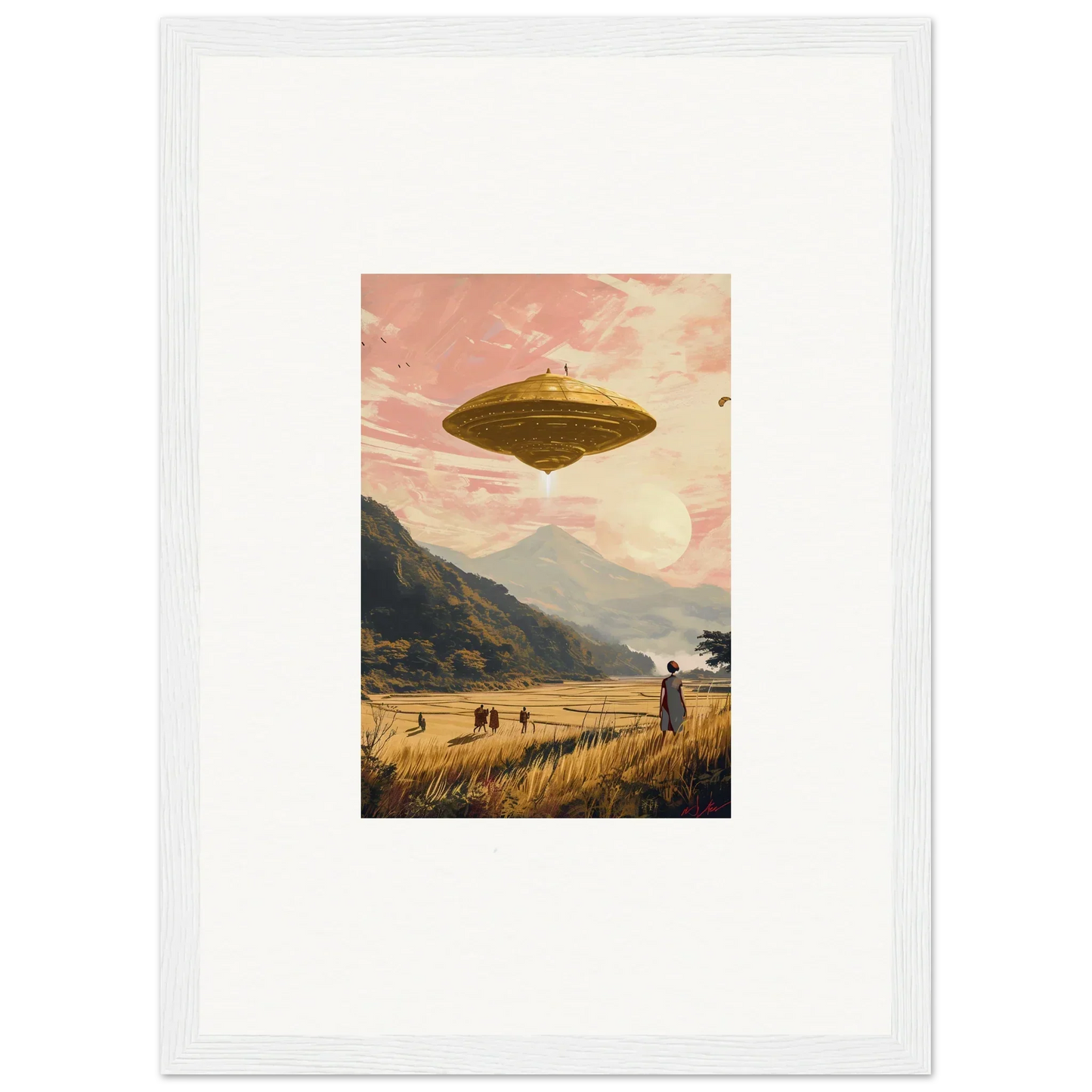 Flying saucer hovering above a wheat field rapture canvas print for unique room decoration