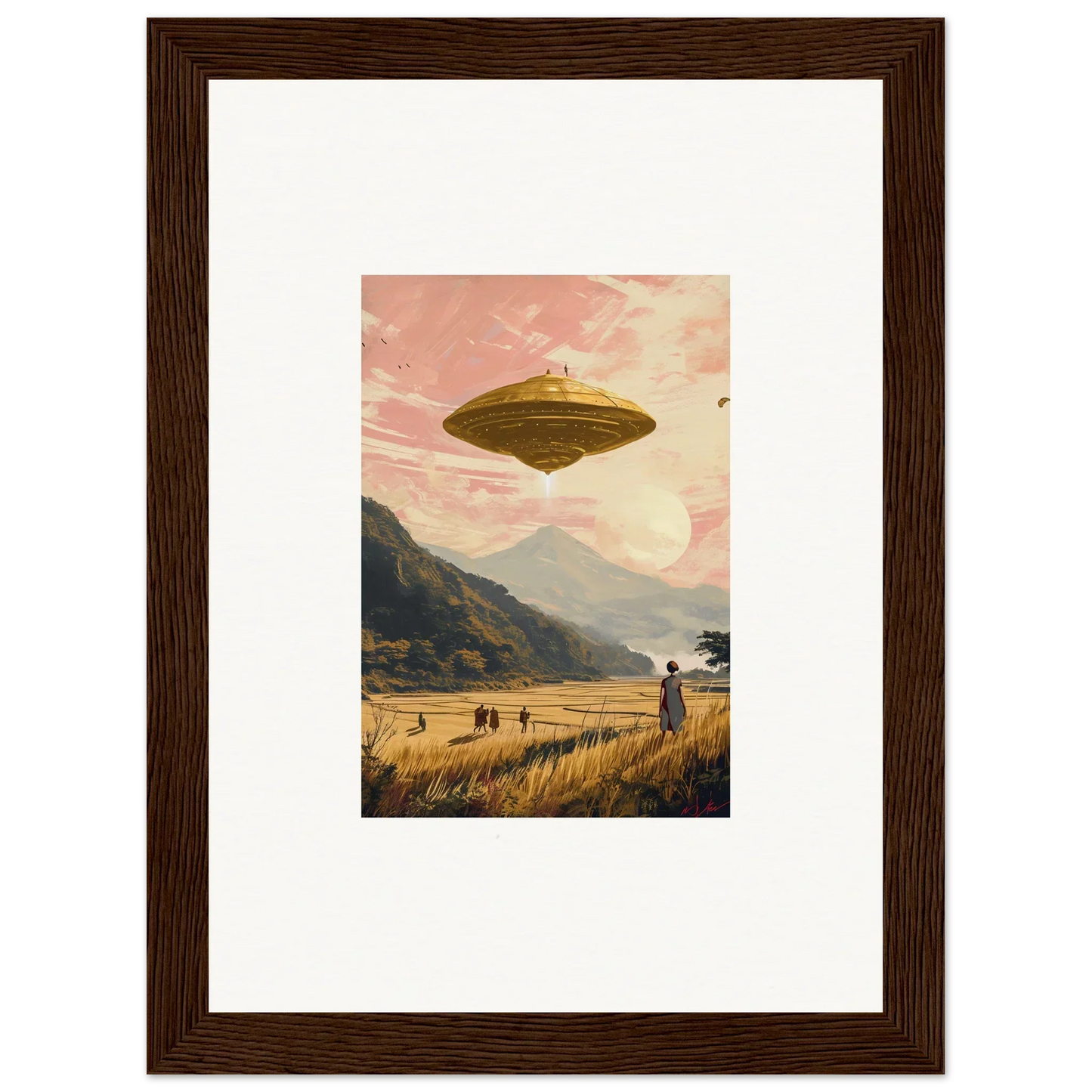 Flying saucer hovering in sky for a unique Field Rapture canvas print room decoration