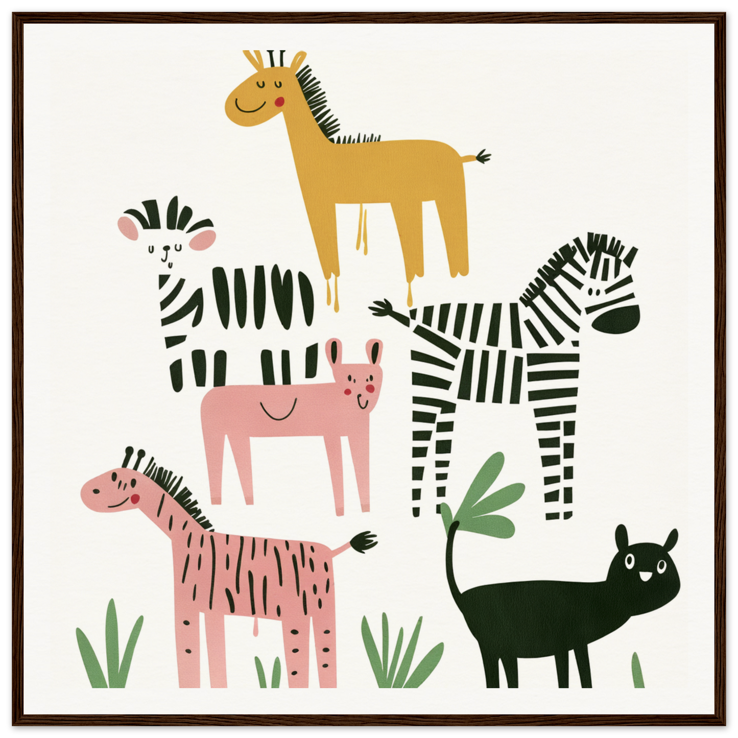 Whimsical Beast Ballet featuring cartoon zebras, horses, pigs, and a black cat