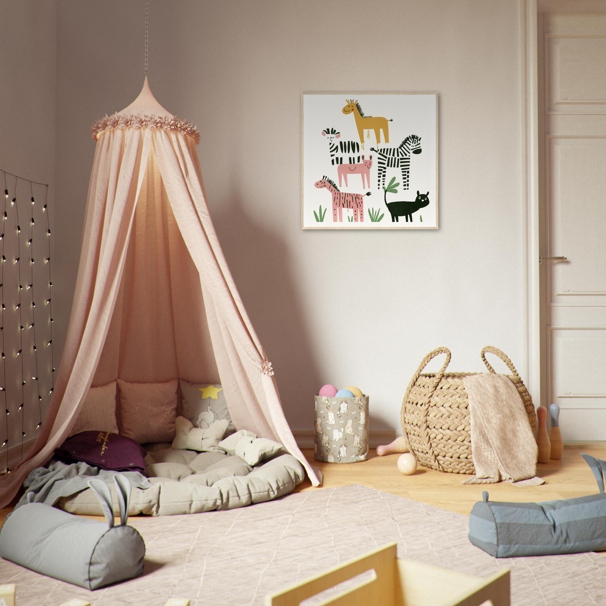 Pink canopy tent with draping fabric and cushions for Whimsical Beast Ballet