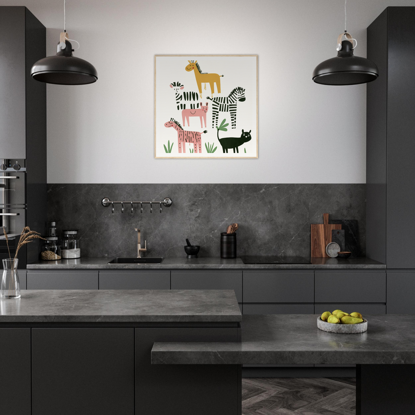 Modern dark gray kitchen featuring black pendant lights and Whimsical Beast Ballet artwork