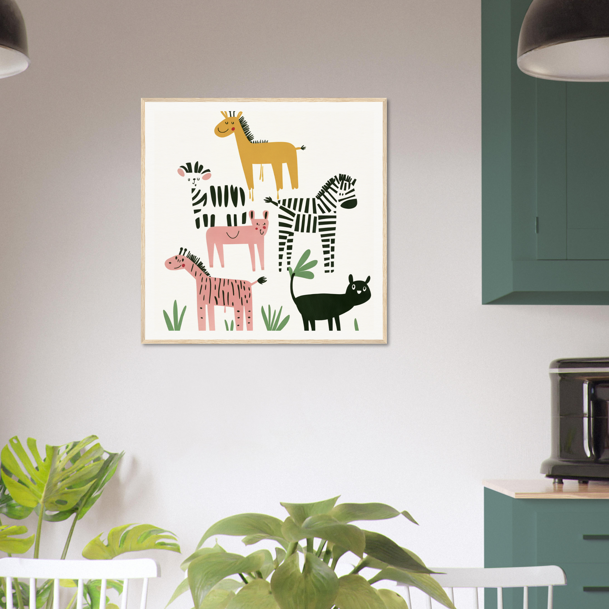 Framed art print of whimsical beast ballet featuring safari animals and green plants