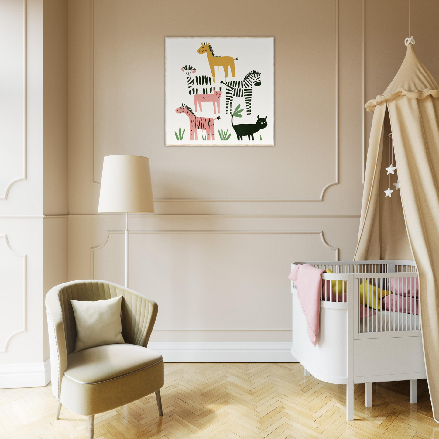 Whimsical Beast Ballet nursery room featuring a canopy crib and safari animal print decor