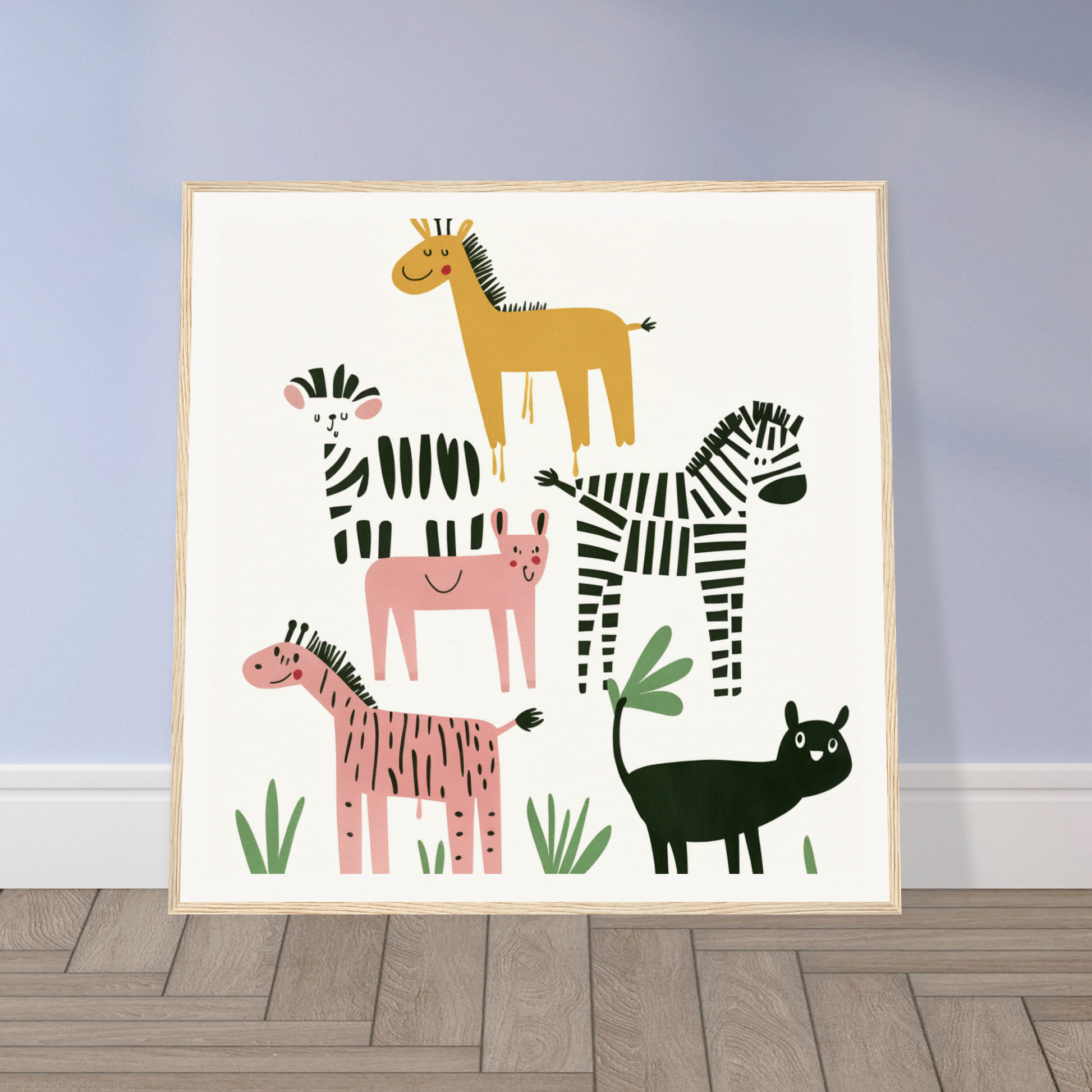 Framed art print of safari animals in whimsical beast ballet style for playful decor