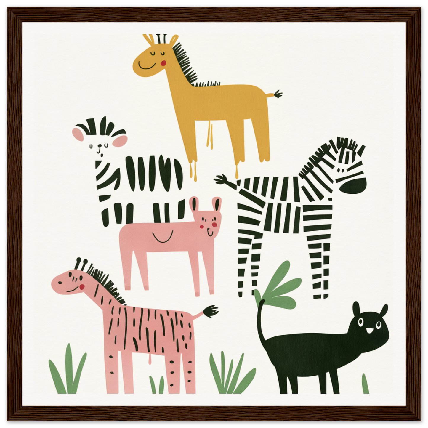 Whimsical Beast Ballet featuring cartoon zebras, giraffe, tigers, and a black cat