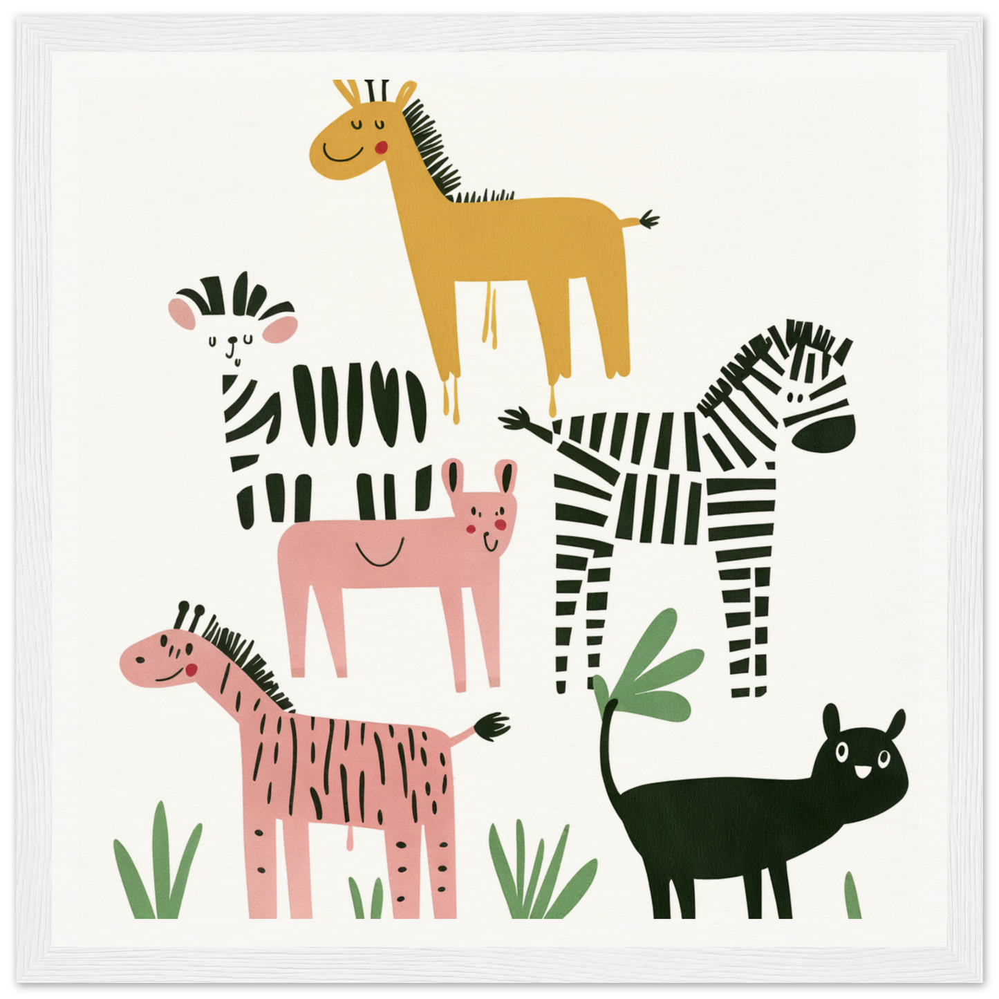 Colorful cartoon animals in whimsical beast ballet featuring zebras, horses, and a cat
