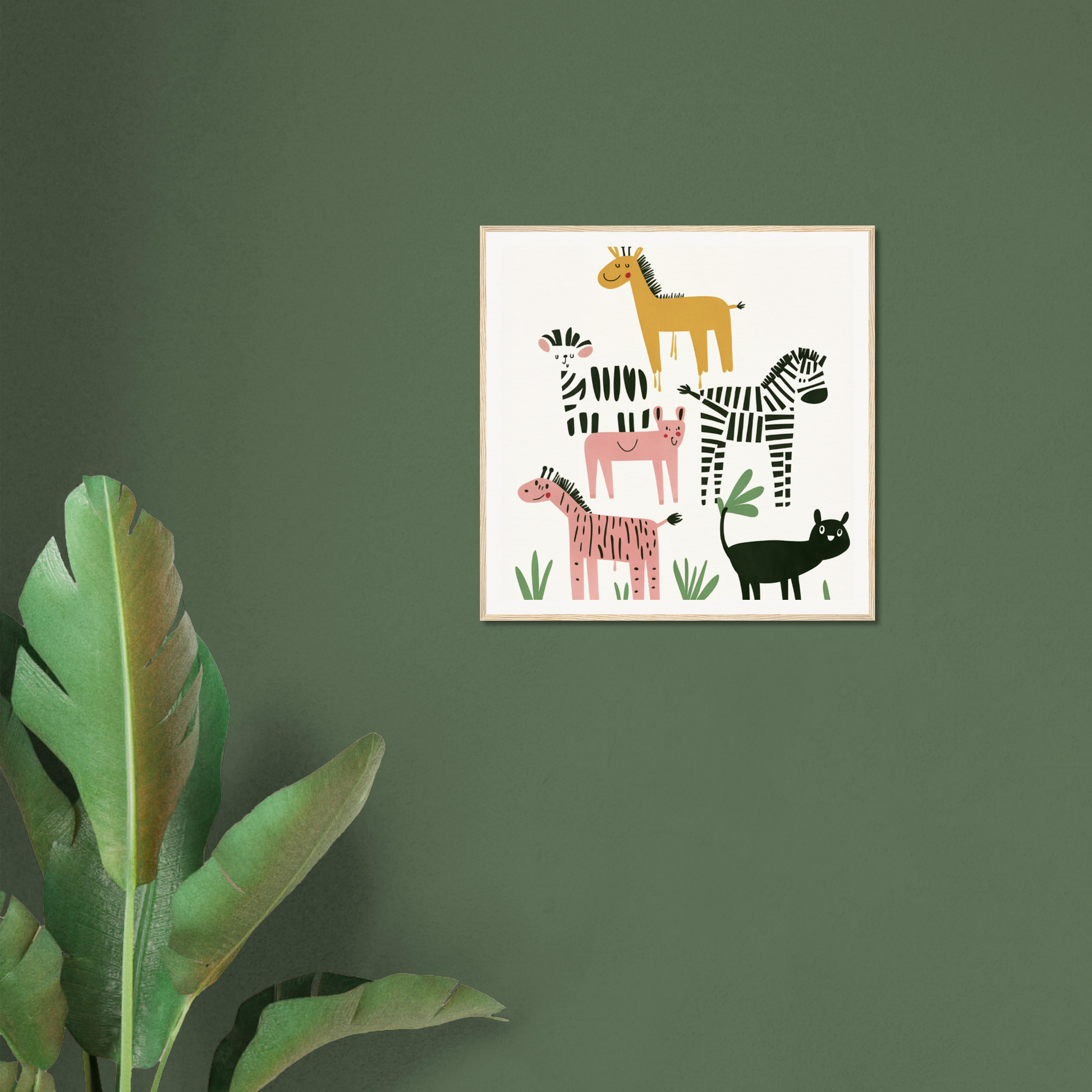 Framed artwork of safari animals in Whimsical Beast Ballet with vibrant plant illustrations