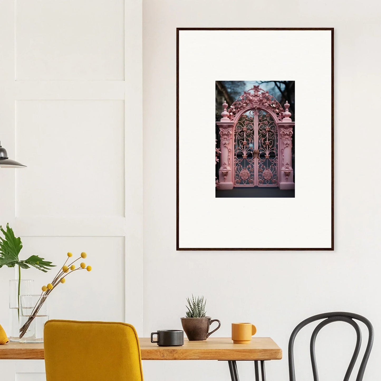 Framed wall art of an ornate pink garden gate for Whimsical Bicycle Mirage